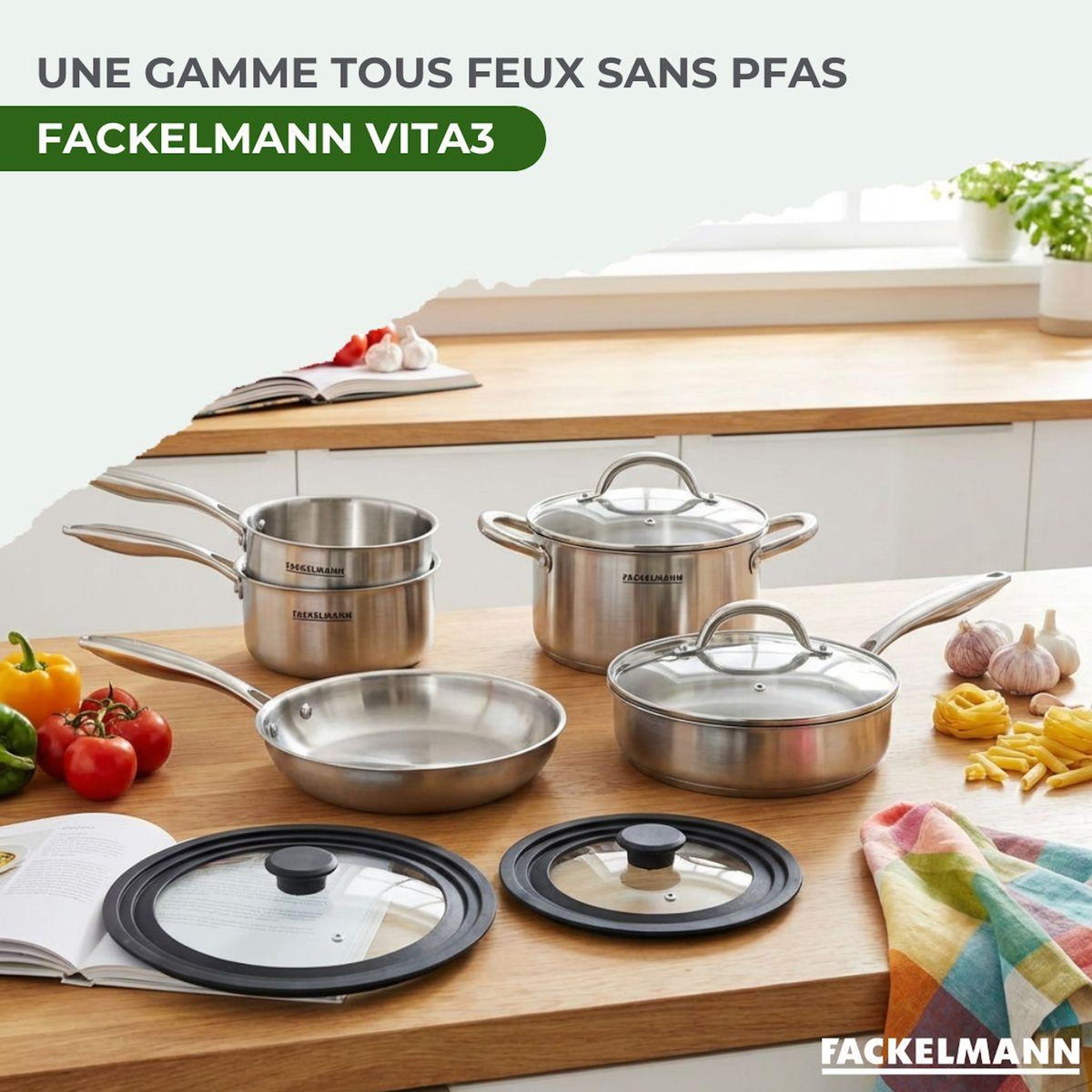 Fackelmann Poêles à Frire 24 cm, Casseroles 14 et 18 cm, Faitout 20 cm, Sauteuse 24 cm inox 18/10 Triply et 2 couvercles Fackelmann Vita3