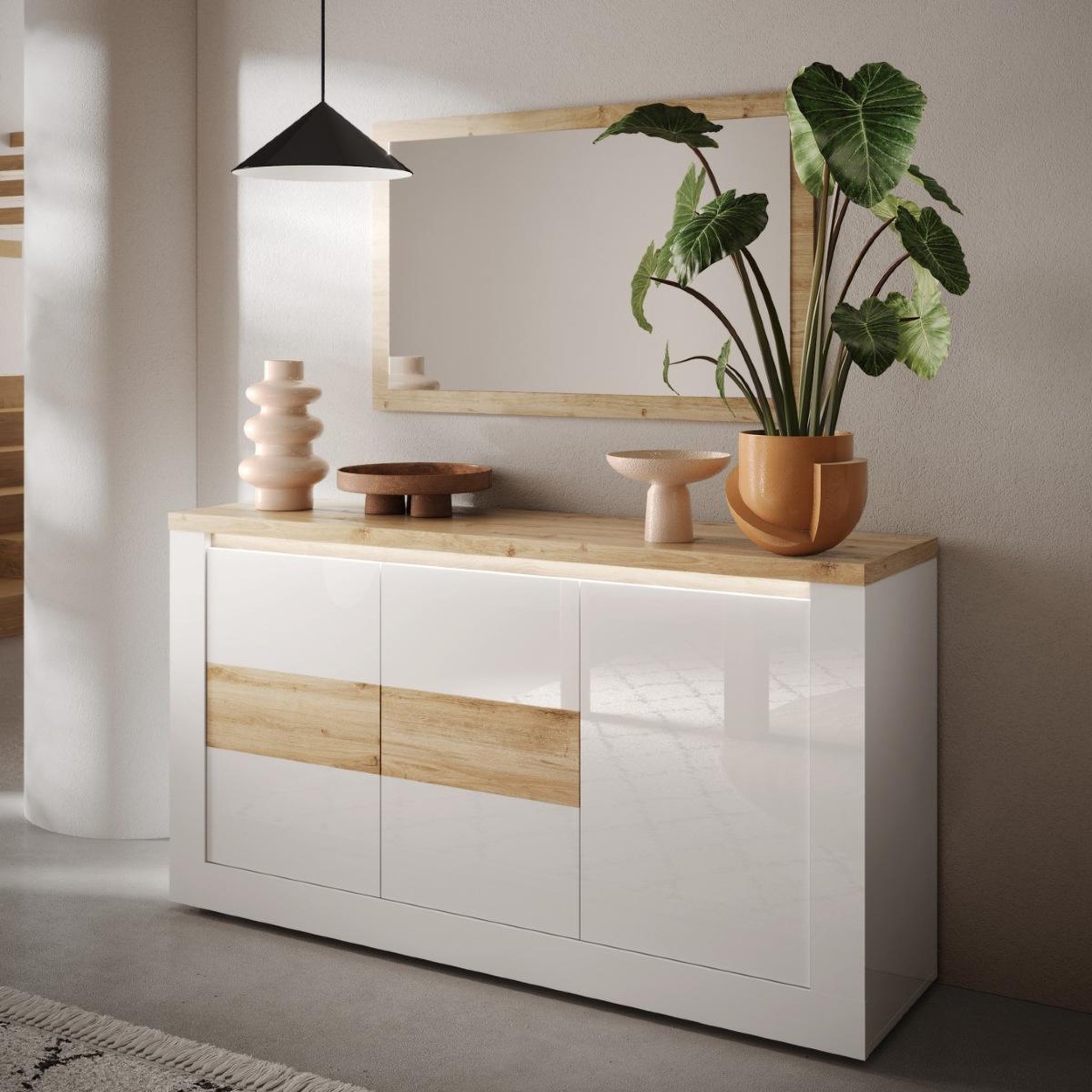 Voir la diapositive 3 : JLC KREATION Buffet moderne 3 portes laqué blanc et bois 160cm aria