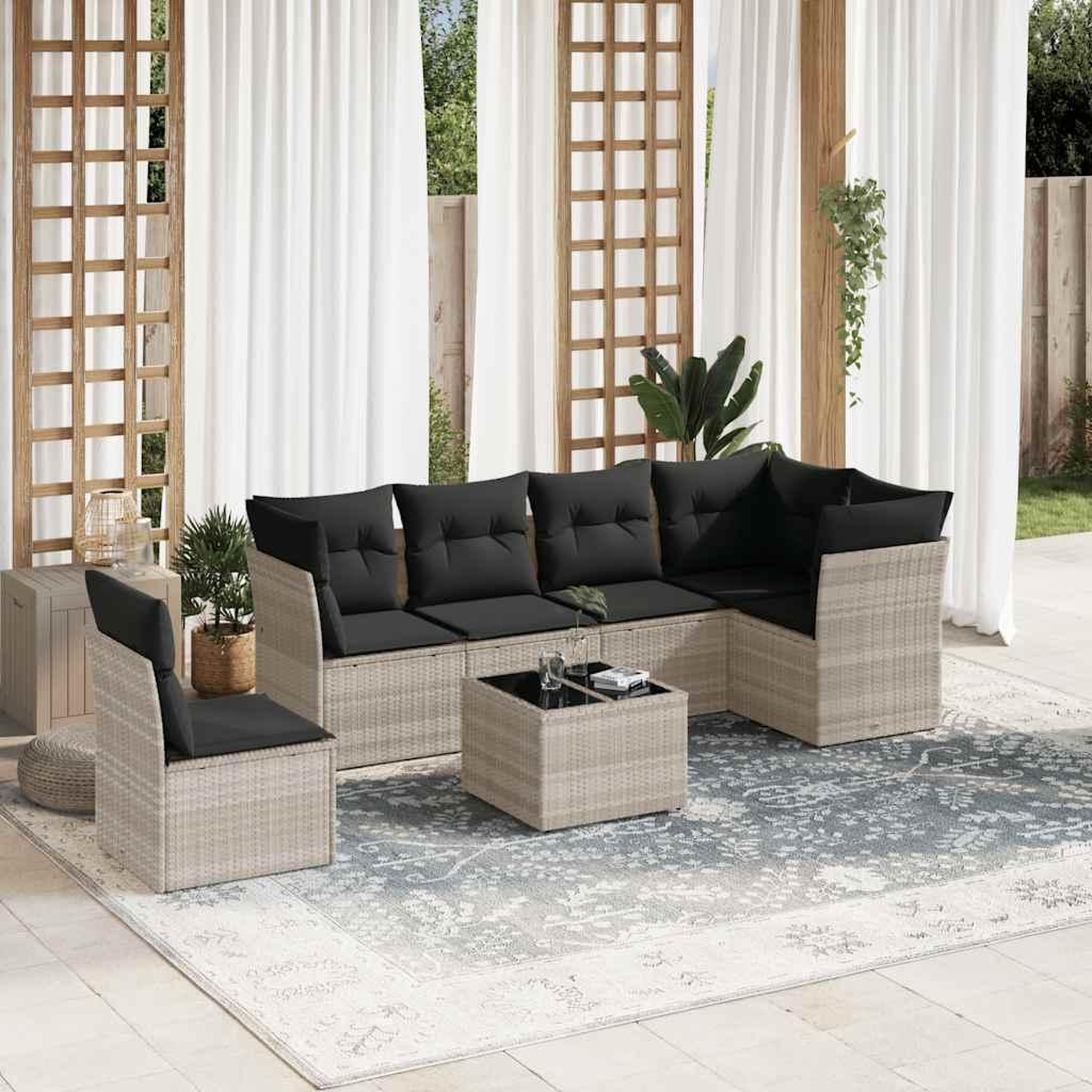 VIDAXL Salon de jardin avec coussins 7 pcs gris clair resine tressee