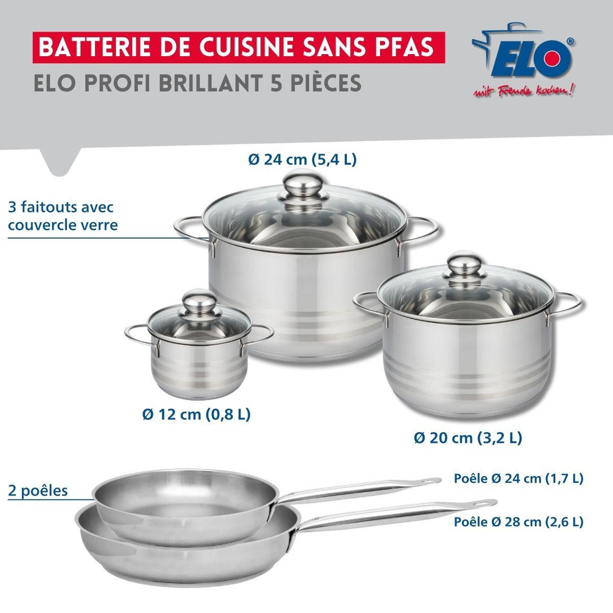 Voir la diapositive 2 : ELO Ensemble de 2 poêles de cuisson 24 et 28 cm et 3 faitouts 12, 20 et 24 cm elo profi brillant