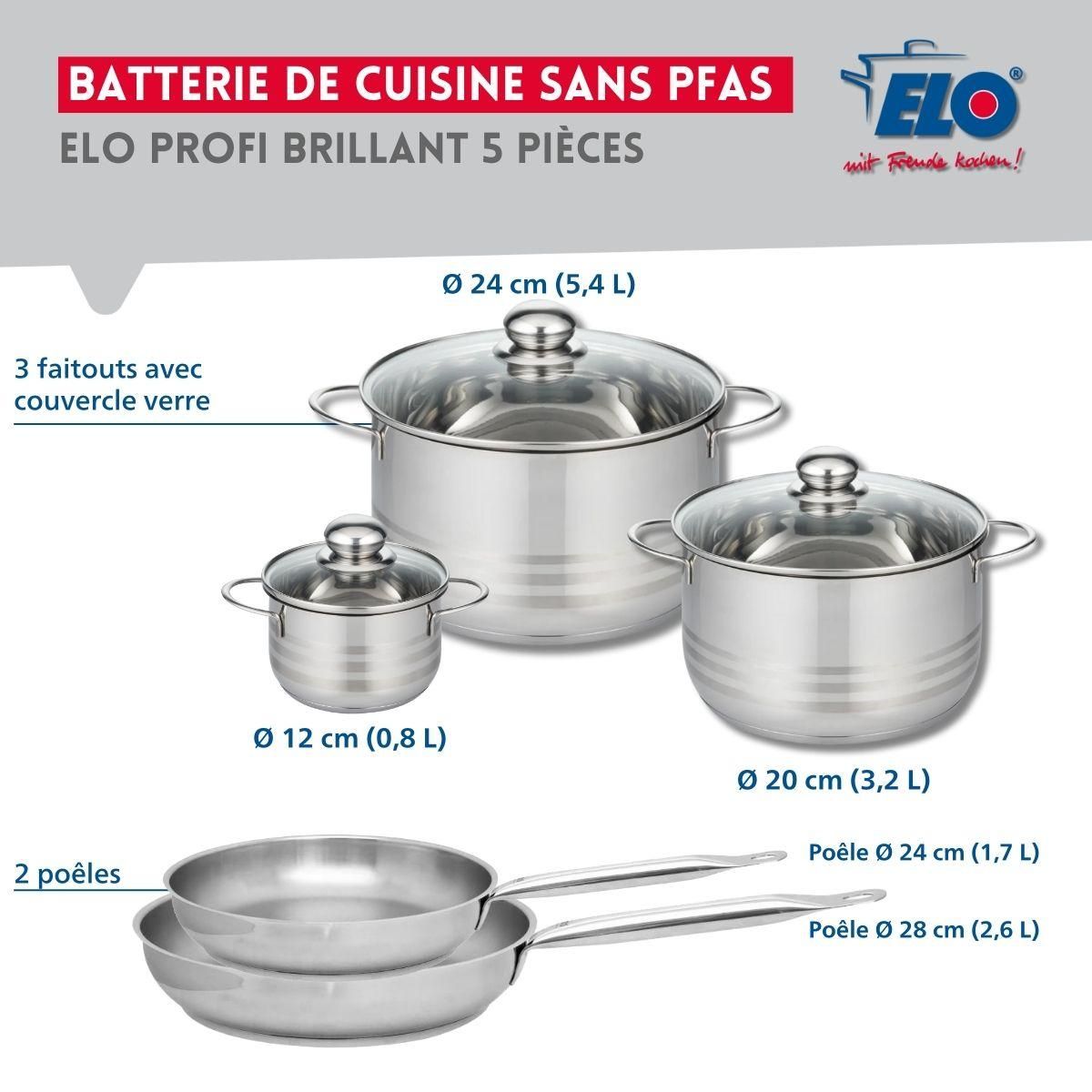ELO Ensemble de 2 Poêles de cuisson 24 et 28 cm et 3 faitouts 12, 20 et 24 cm Elo Profi Brillant