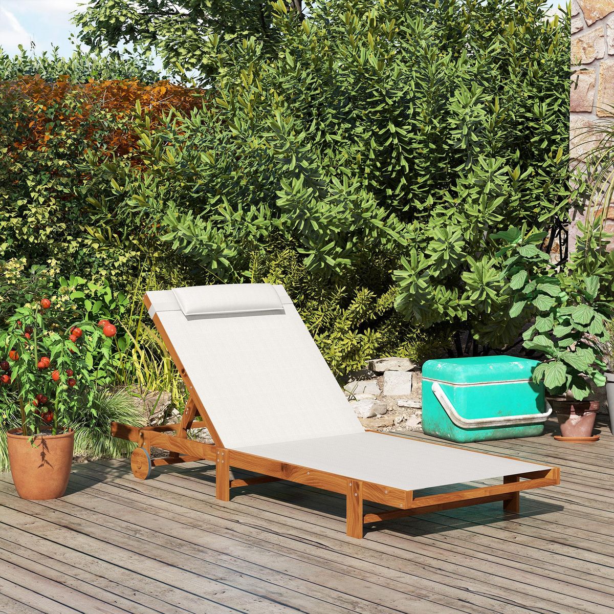OUTSUNNY Bain de soleil style exotique bois avec 2 roues - inclinable, tétière - textilène blanc