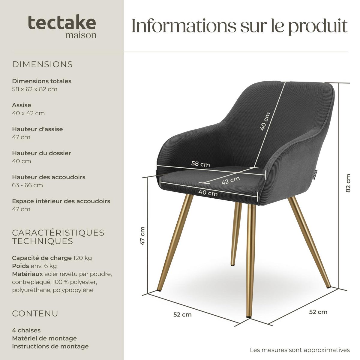 tectake Chaise de salle à manger rembourrée en velours côtelé gris anthracite/jaune or Lot de 4