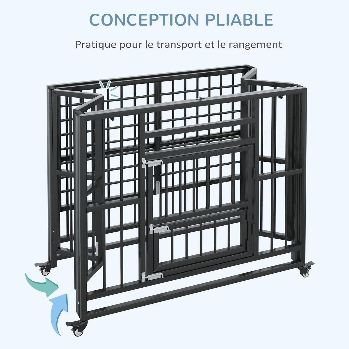 PAWHUT Cage pour chien animaux cage de transport sur roulettes pliable 3 portes verrouillables plateau amovible acier noir