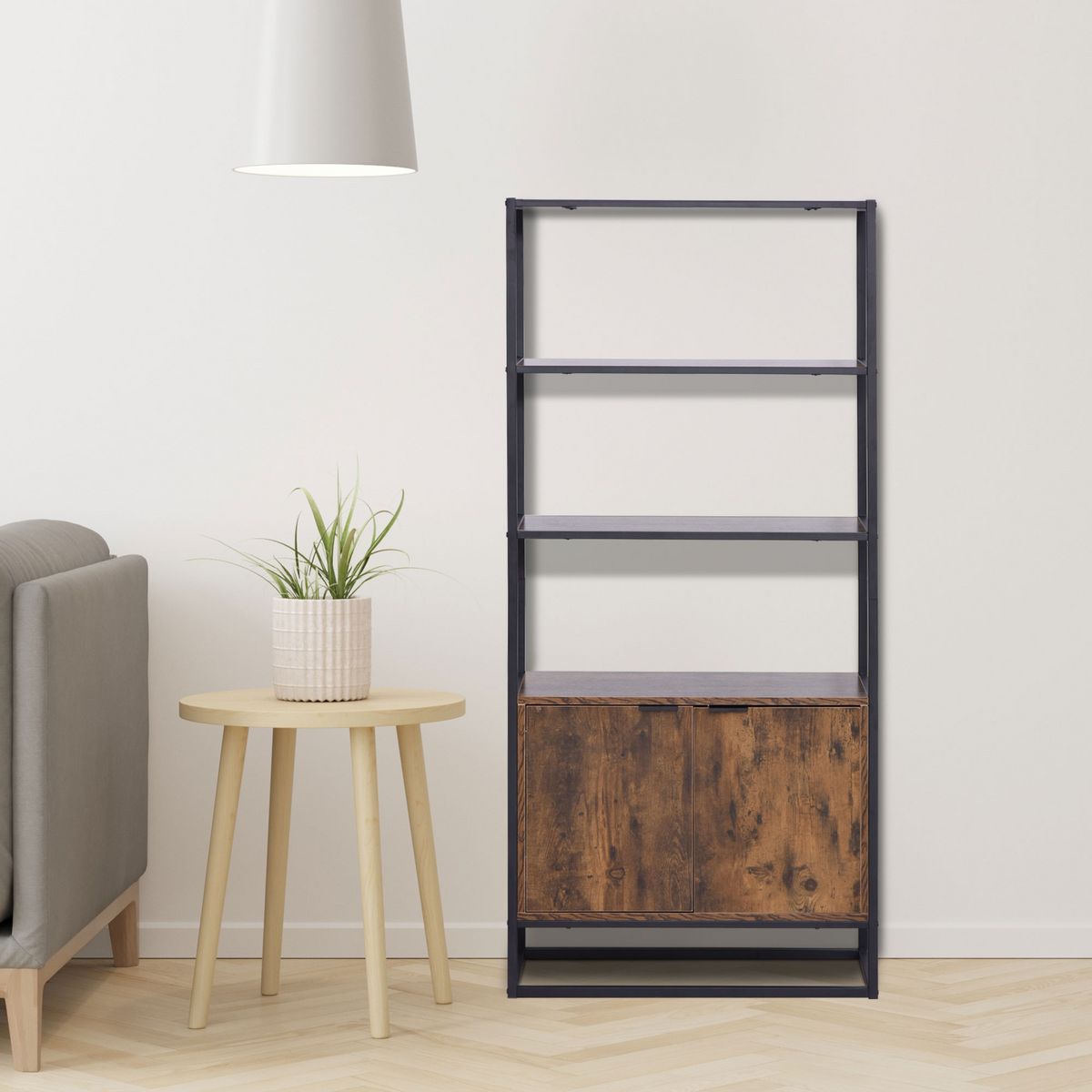 HOMCOM Bibliothèque style industriel 3 étagères + placard 2 portes panneaux particules aspect vieux bois métal noir