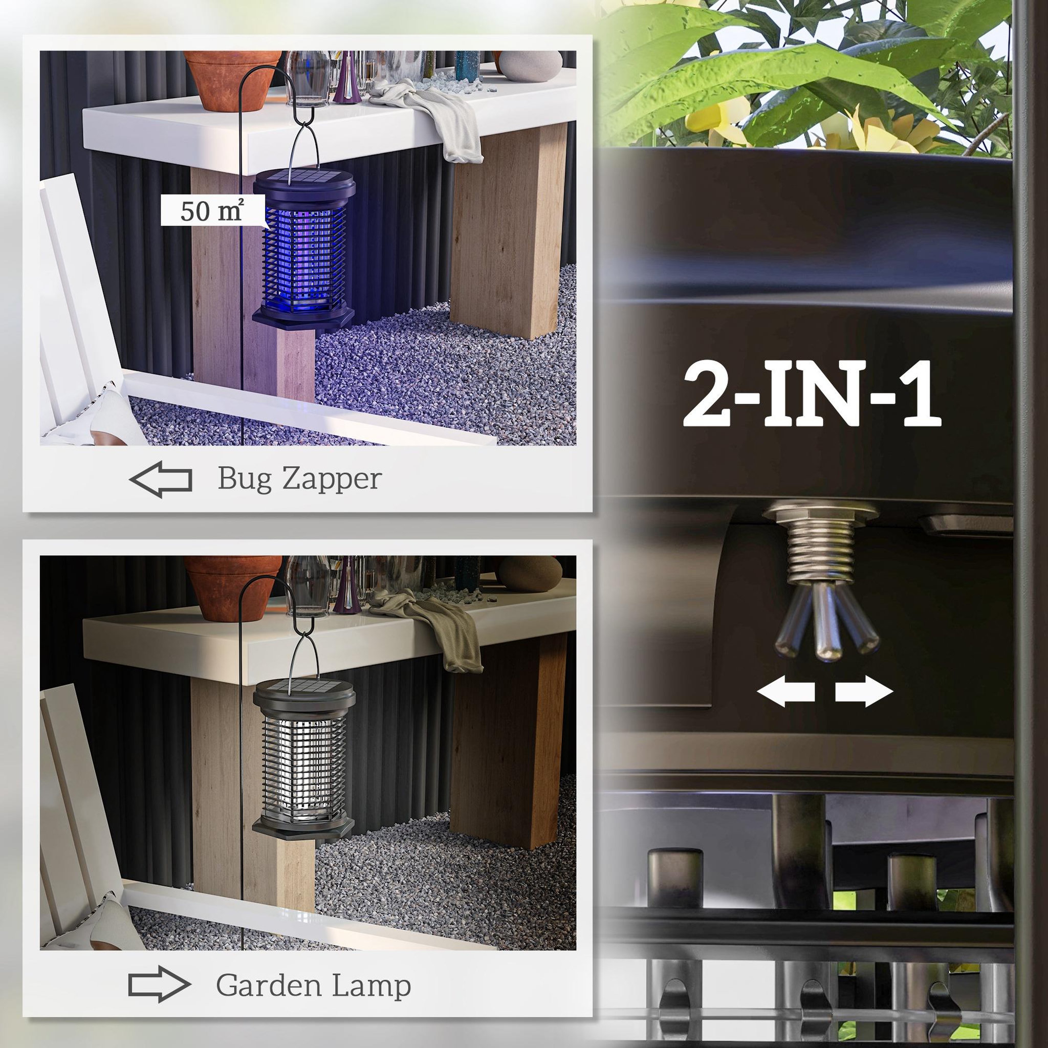 Voir la diapositive 5 : OUTSUNNY Lampe anti-moustiques solaire rechargeable USB-C - destructeur d'insectes suspendu - noir