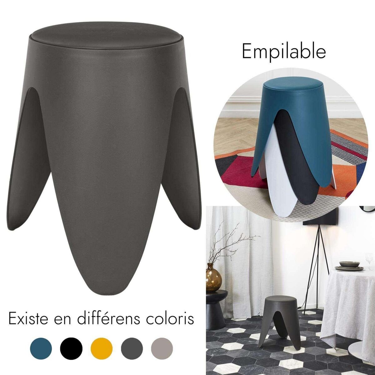 The Home Deco Factory Tabouret d'appoint empilable Emma - Gris