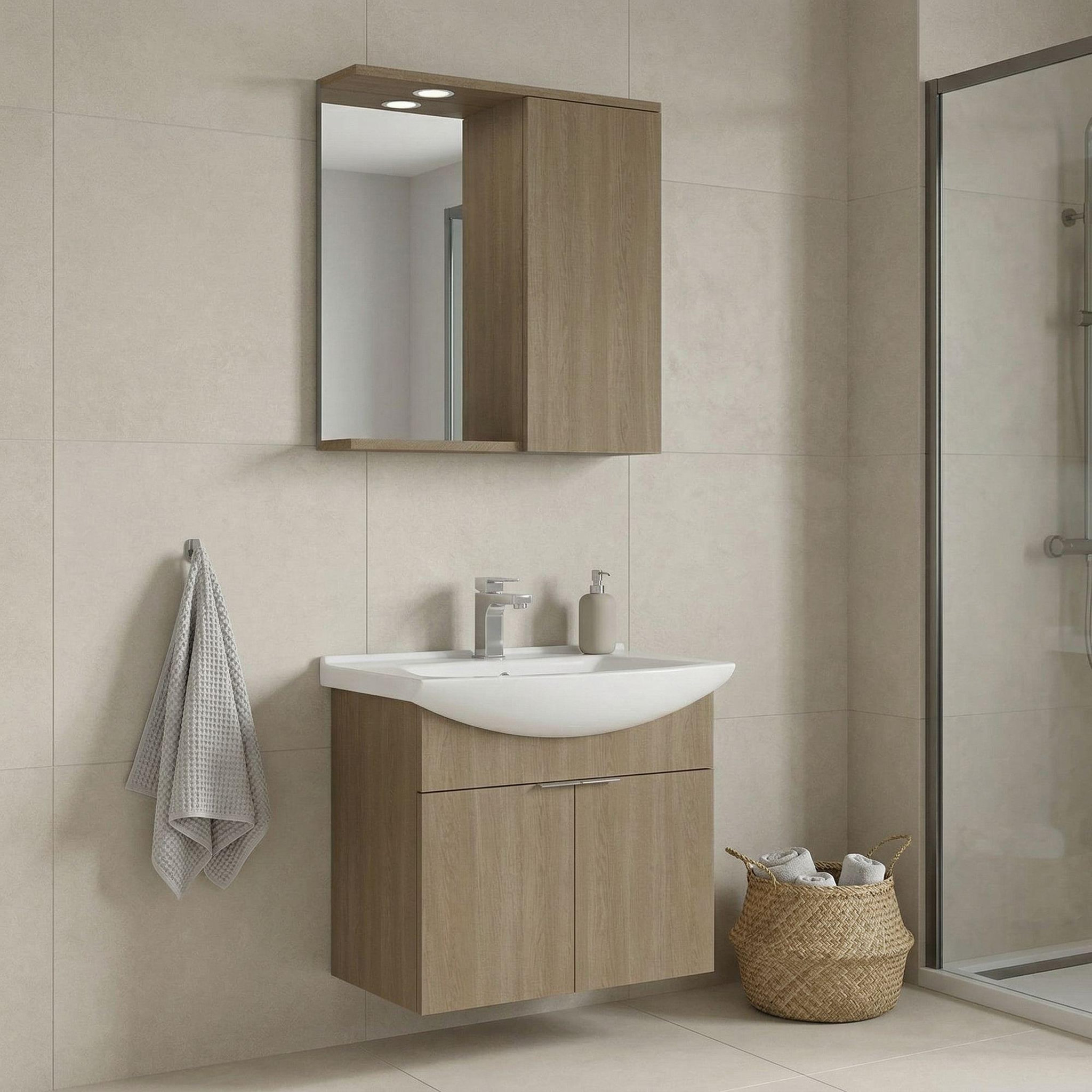 Voir la diapositive 2 : Habitat et Jardin Meuble avec simple vasque et miroir  Purus 65  - 65 x 50 x 58 cm - Oak