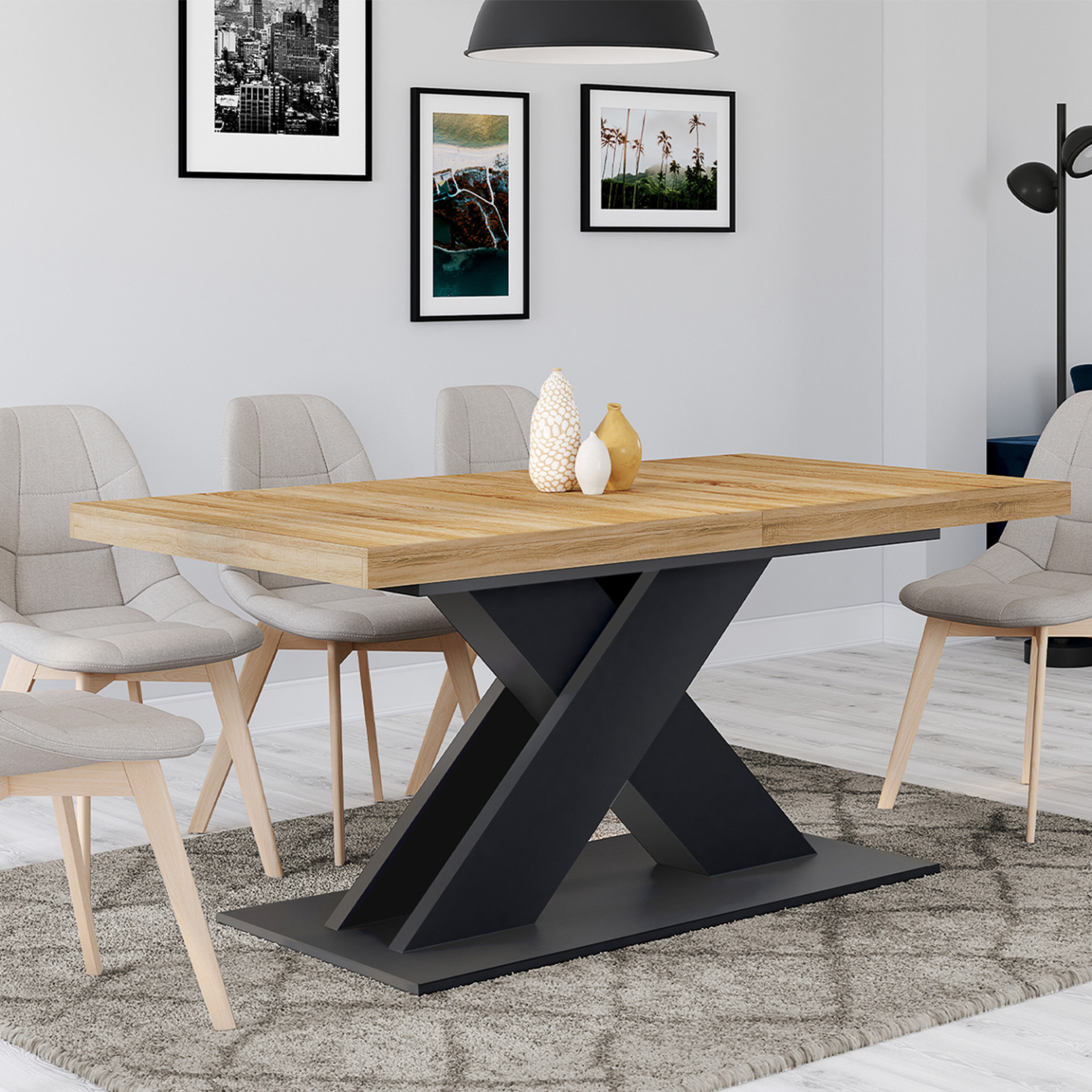 Voir la diapositive 4 : ID MARKET Table à manger extensible rectangle alicia 6-10 personnes bois et noir 160-200 cm