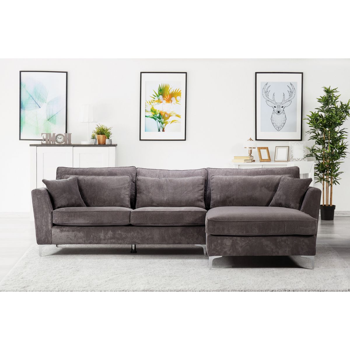 Canapé d'angle droit 5 places ISA tissu velours, confort moelleux