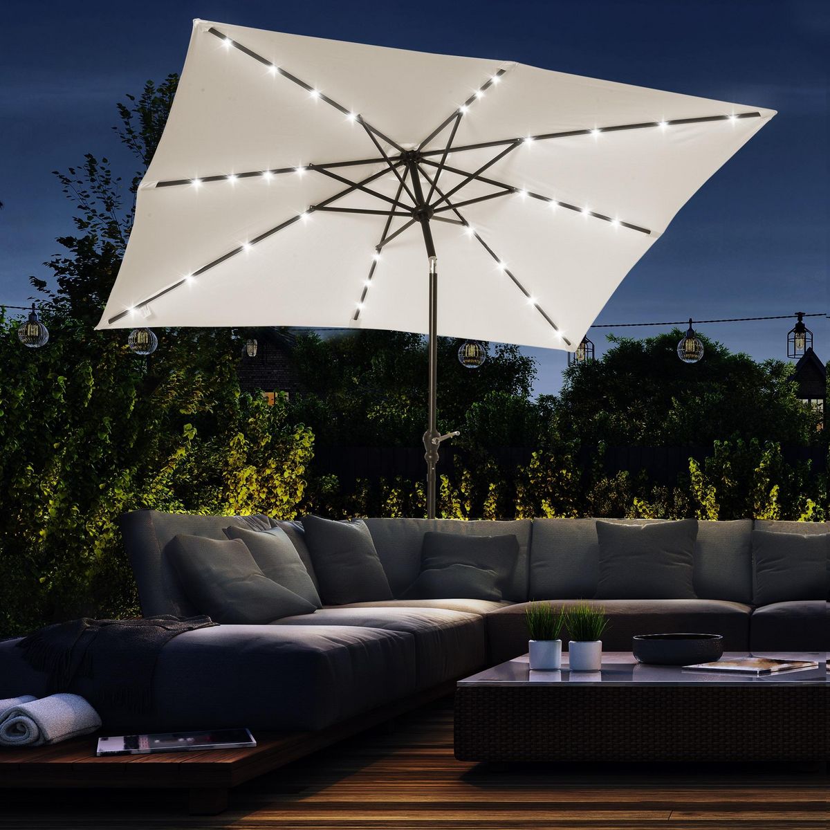 OUTSUNNY Parasol lumineux rectangulaire inclinable dim. 2,68L x 2,05l x 2,48H m parasol LED solaire métal polyester haute densité blanc cassé