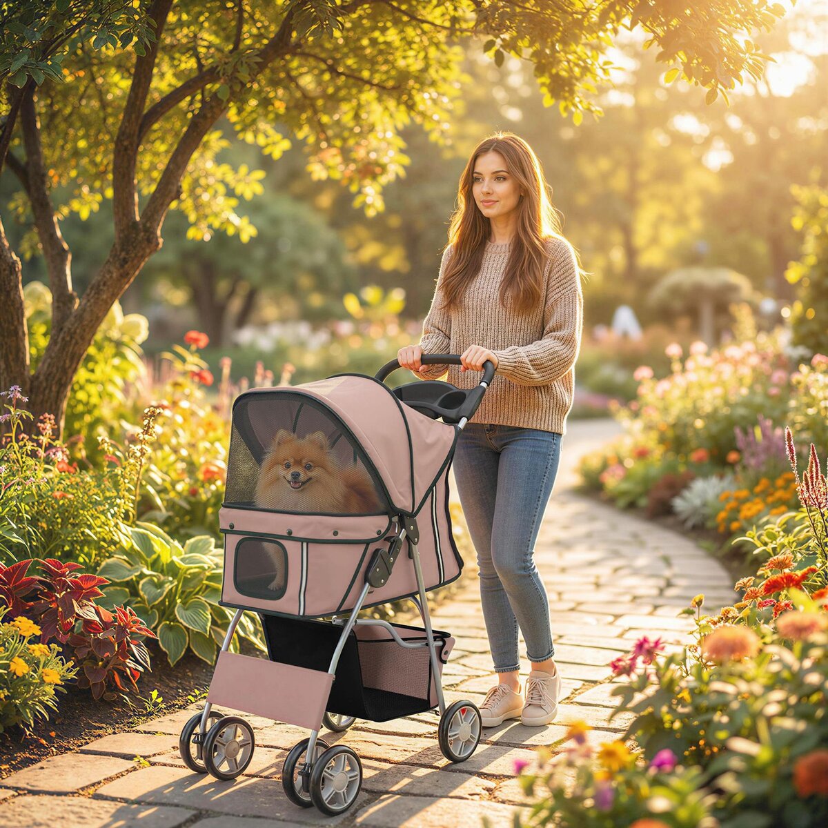 PAWHUT Poussette buggy pliable pour chiens tissu 600D Oxford imperméable 4 roues café