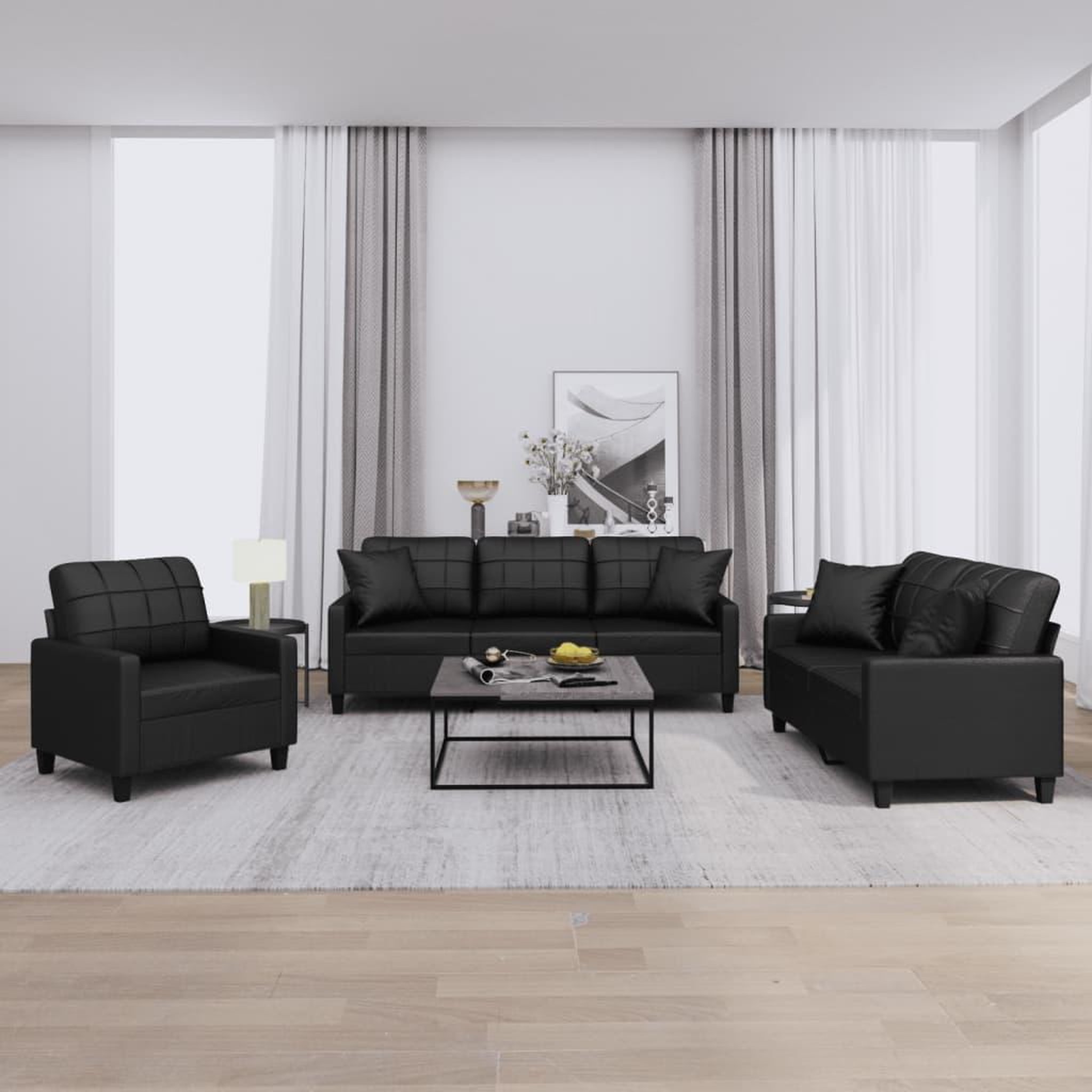 VIDAXL Ensemble de canapes 3 pcs avec coussins noir similicuir