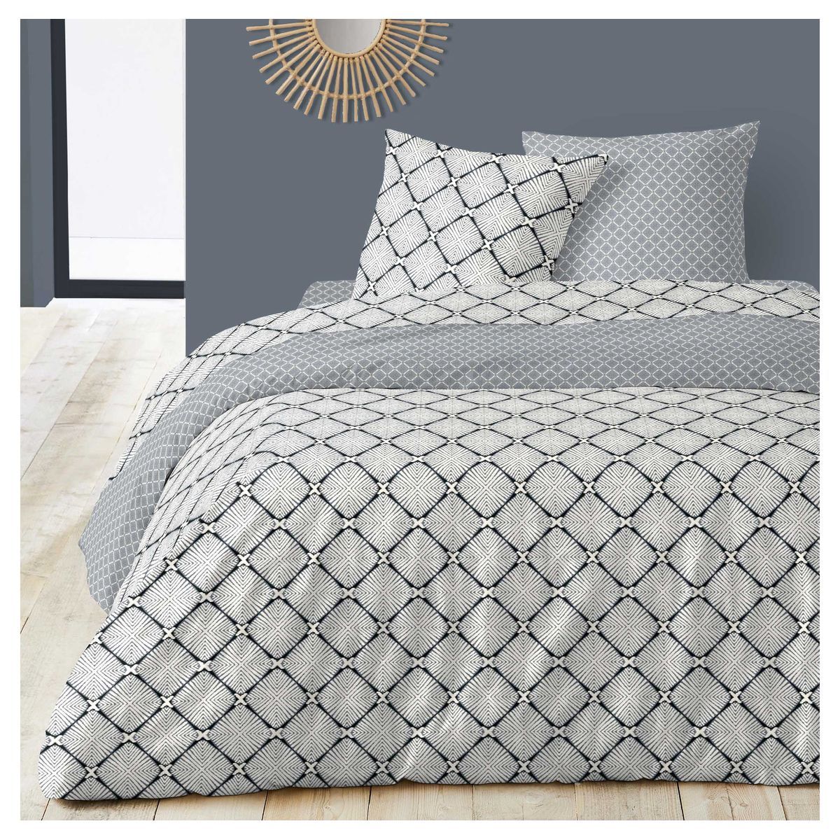 Parure housse de couette en satin coton 70 fils motifs géométriques PASHMINA