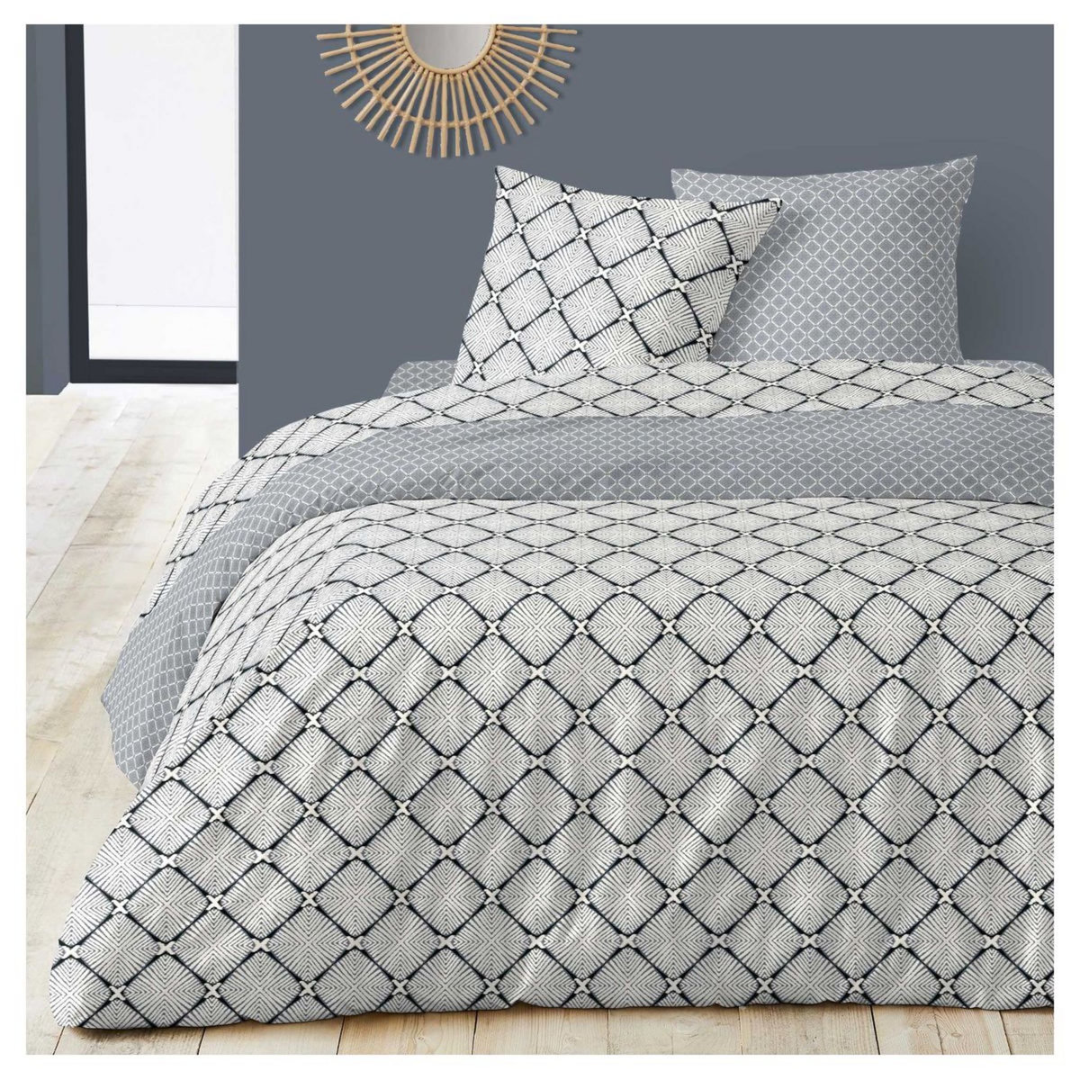 Parure housse de couette en satin coton 70 fils motifs géométriques PASHMINA