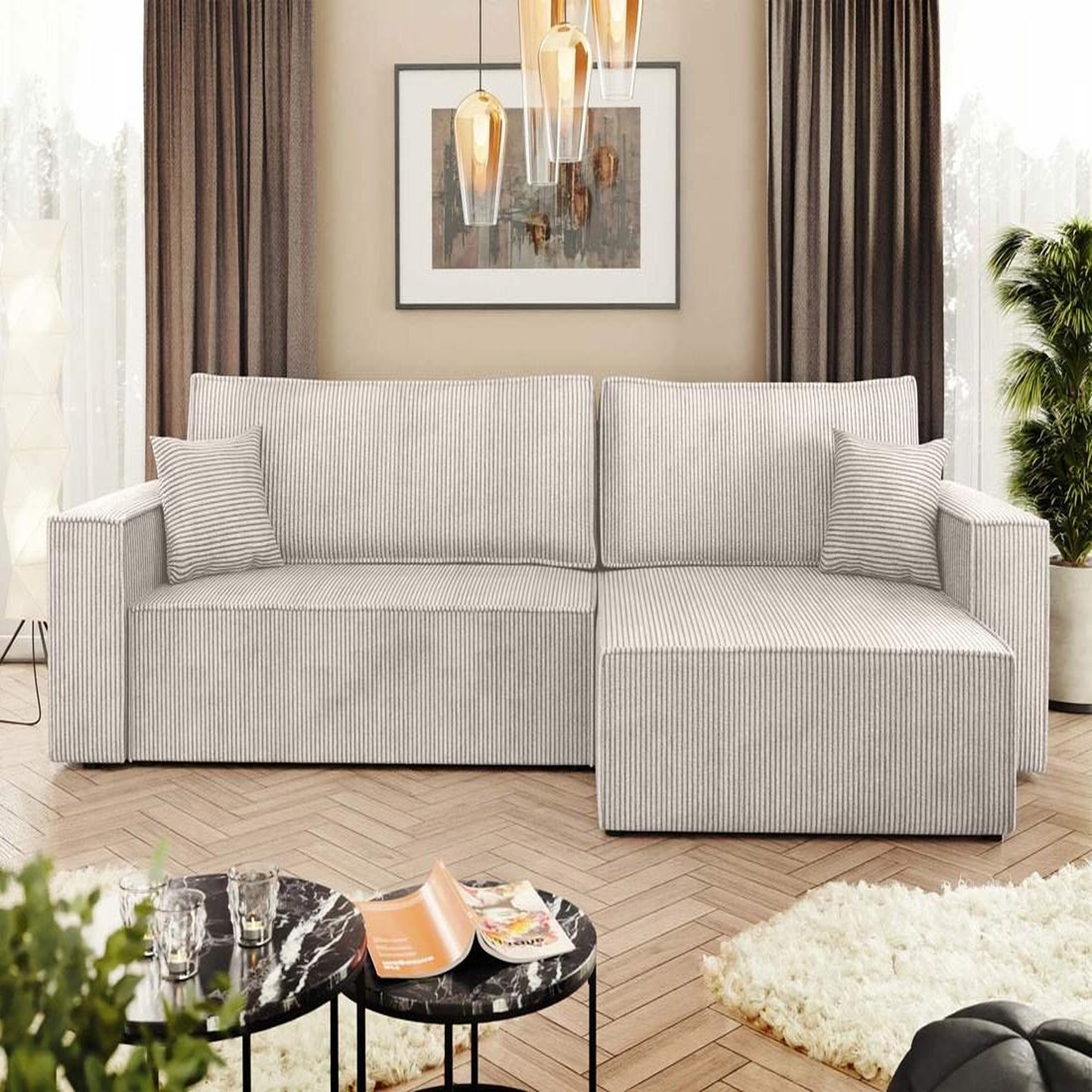 Voir la diapositive 4 : BEST MOBILIER Cezanne - canapé d'angle réversible 5 places convertible avec coffre en velours côtelé