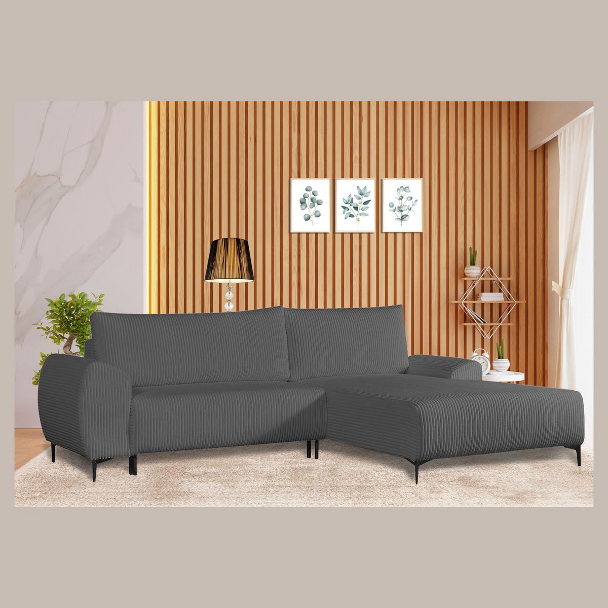 Canapé d'angle droit fixe convertible 5 places en velour côtelé CYRIL