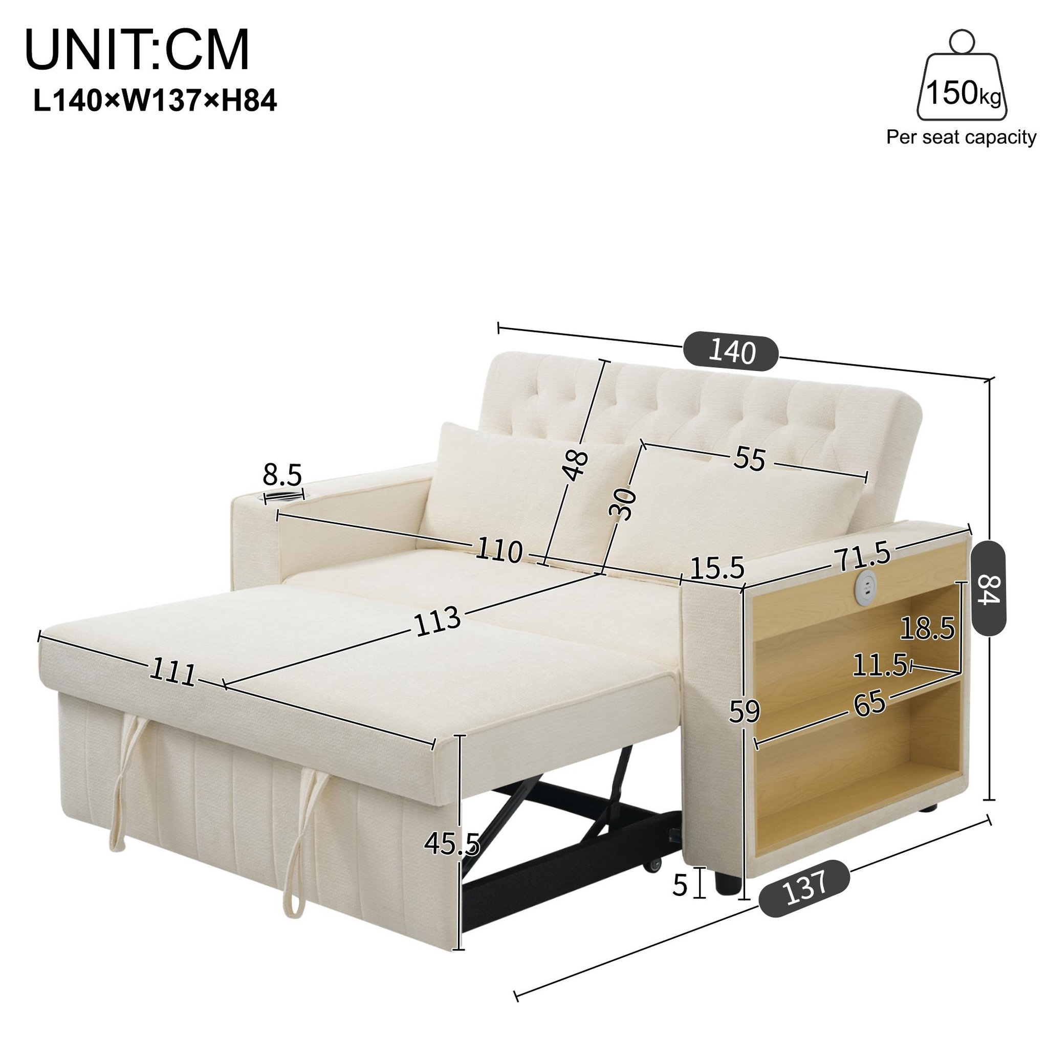 Voir la diapositive 3 : MERAX Canapé droit convertible 2 places tissu