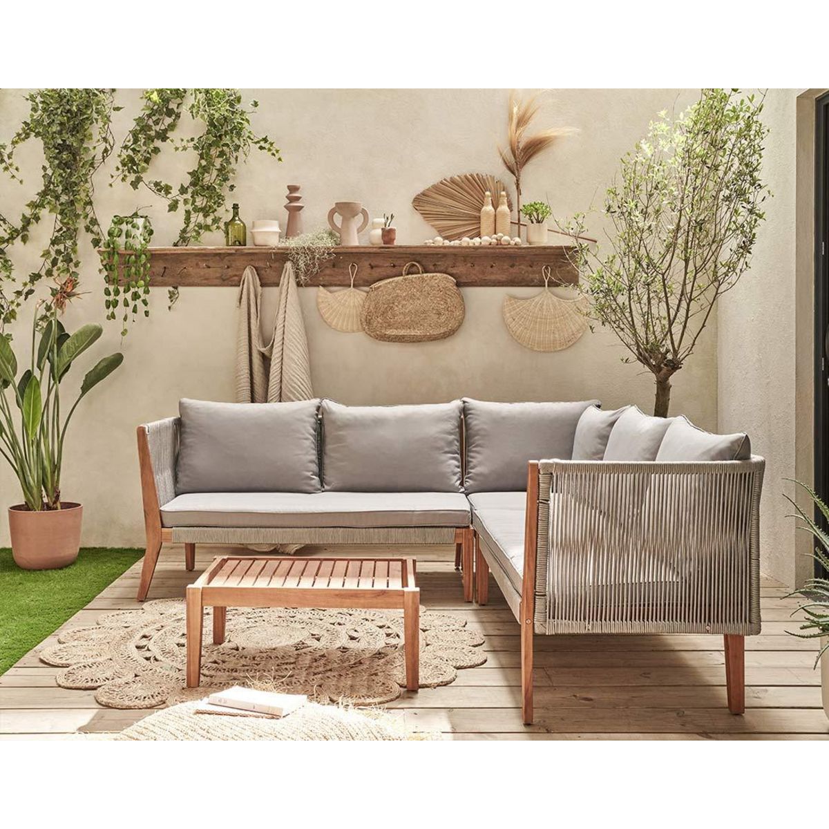 BEST MOBILIER Papua - salon bas de jardin 5 places - bois, corde et coussins gris