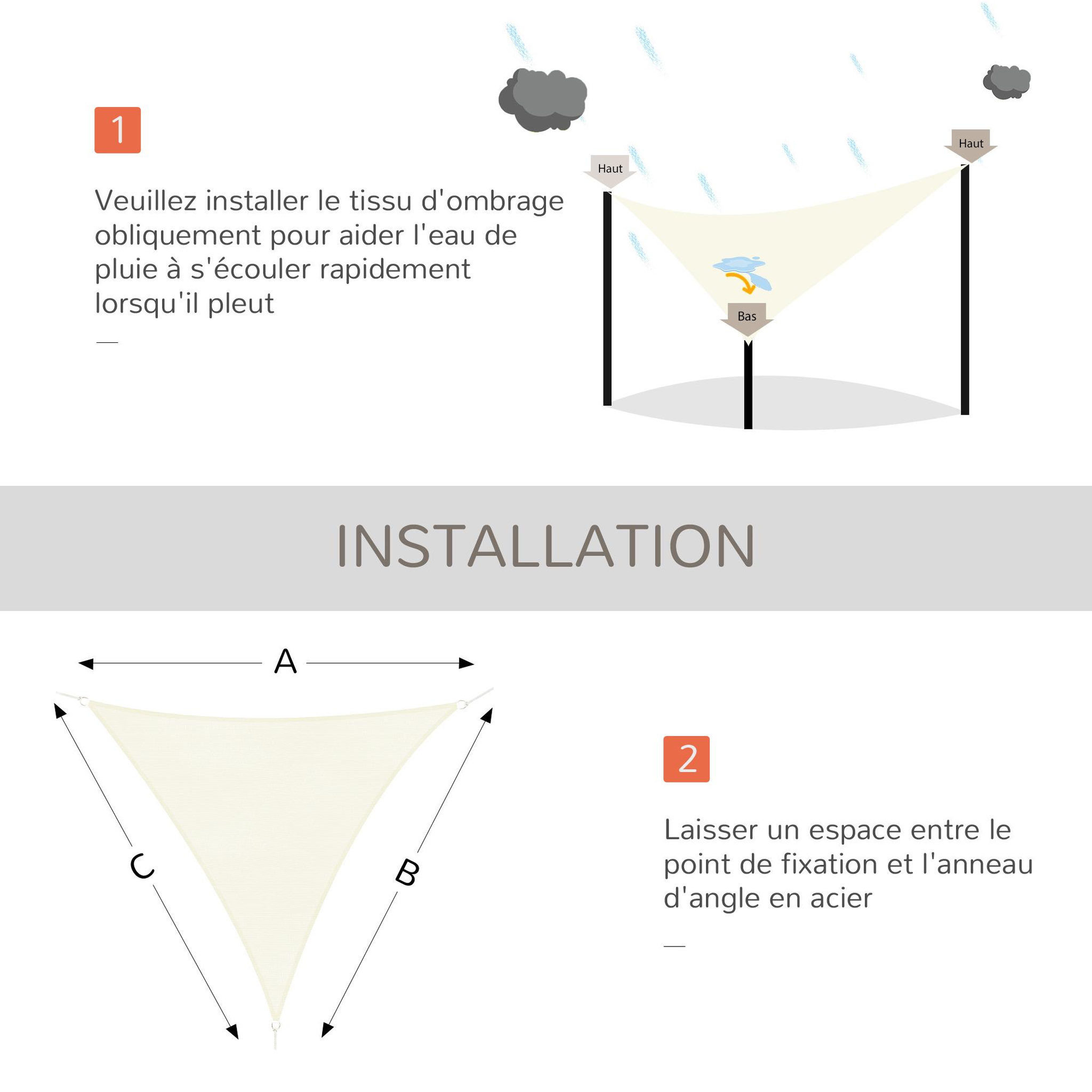 Voir la diapositive 4 : OUTSUNNY Voile d'ombrage triangulaire grande taille 4 x 4 x 4 m polyéthylène haute densité résistant aux UV crème