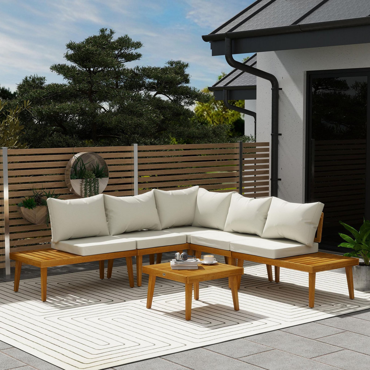 OUTSUNNY Salon de jardin d'angle 5 places en bois d'acacia avec table basse et tablettes latérales coussins crème