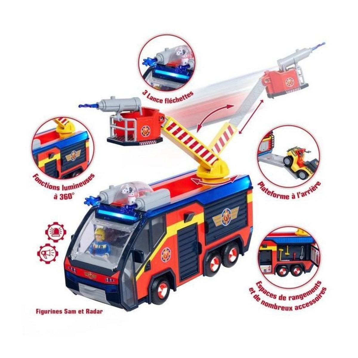 GENERIQUE Sam Le Pompier - Camion de pompier - Jupiter - 2 figurines - Sons et lumieres - Plusieurs accessoires - 3 piles incluses