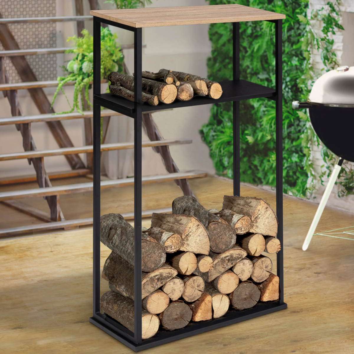 ID MARKET Range bûches vertical large avec 2 étagères 33 x 66 x 112 cm pour cheminée