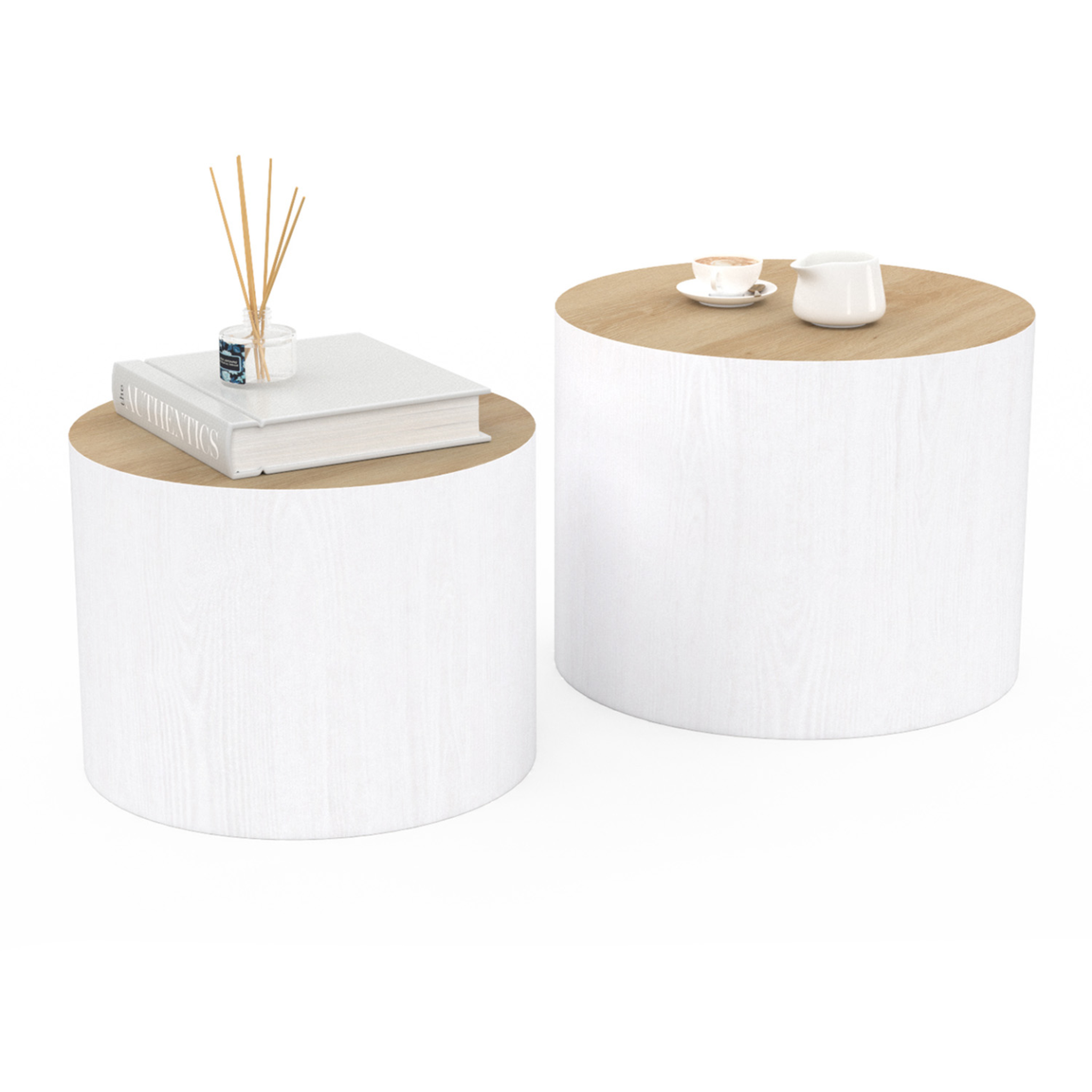 ID MARKET Lot de 2 tables basses cylindres gigognes galia bois et blanc