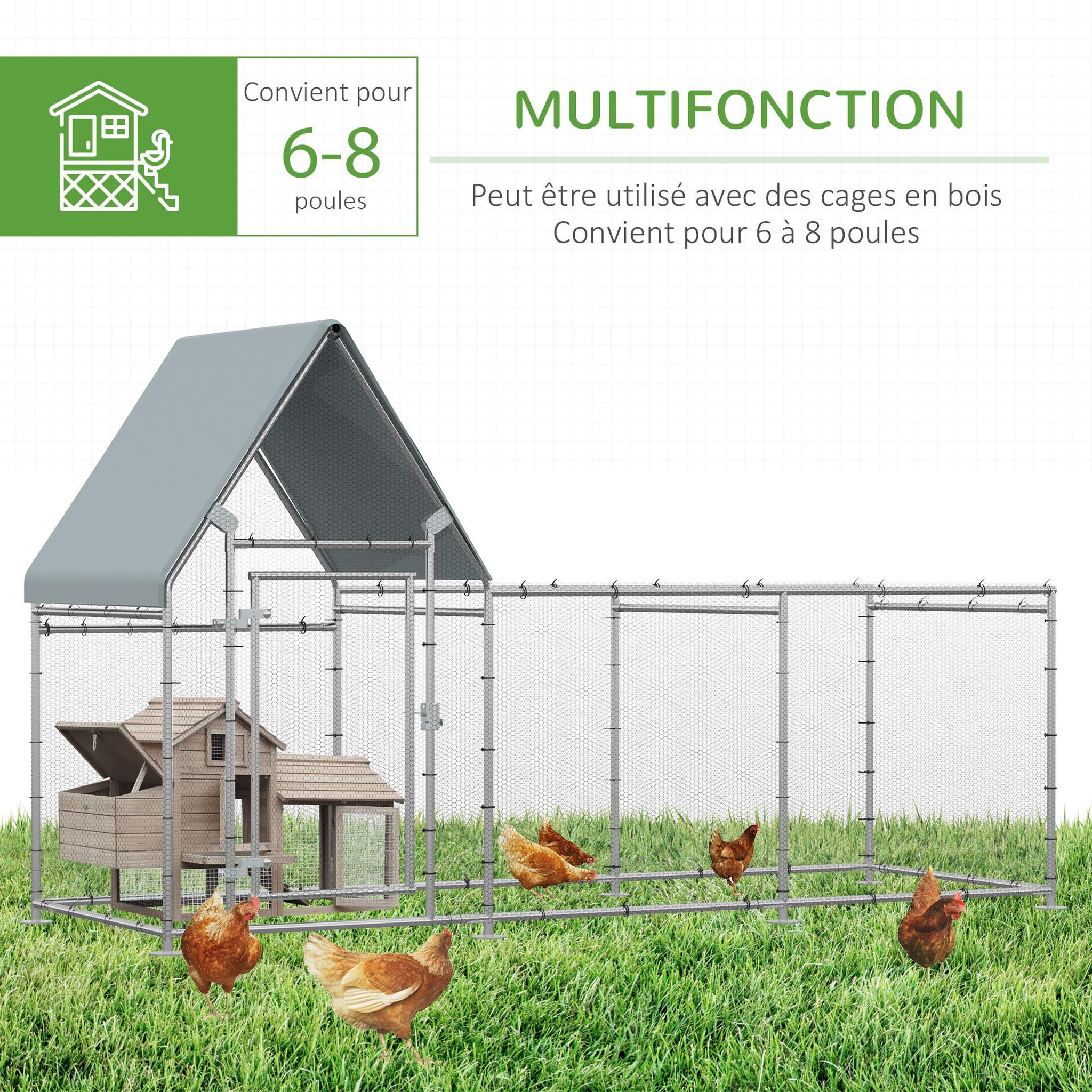 Voir la diapositive 5 : PAWHUT Enclos poulailler chenil 3,23 m² - parc grillagé dim 3,02L x 1,07l x 1,72H m - espace couvert - acier galvanisé