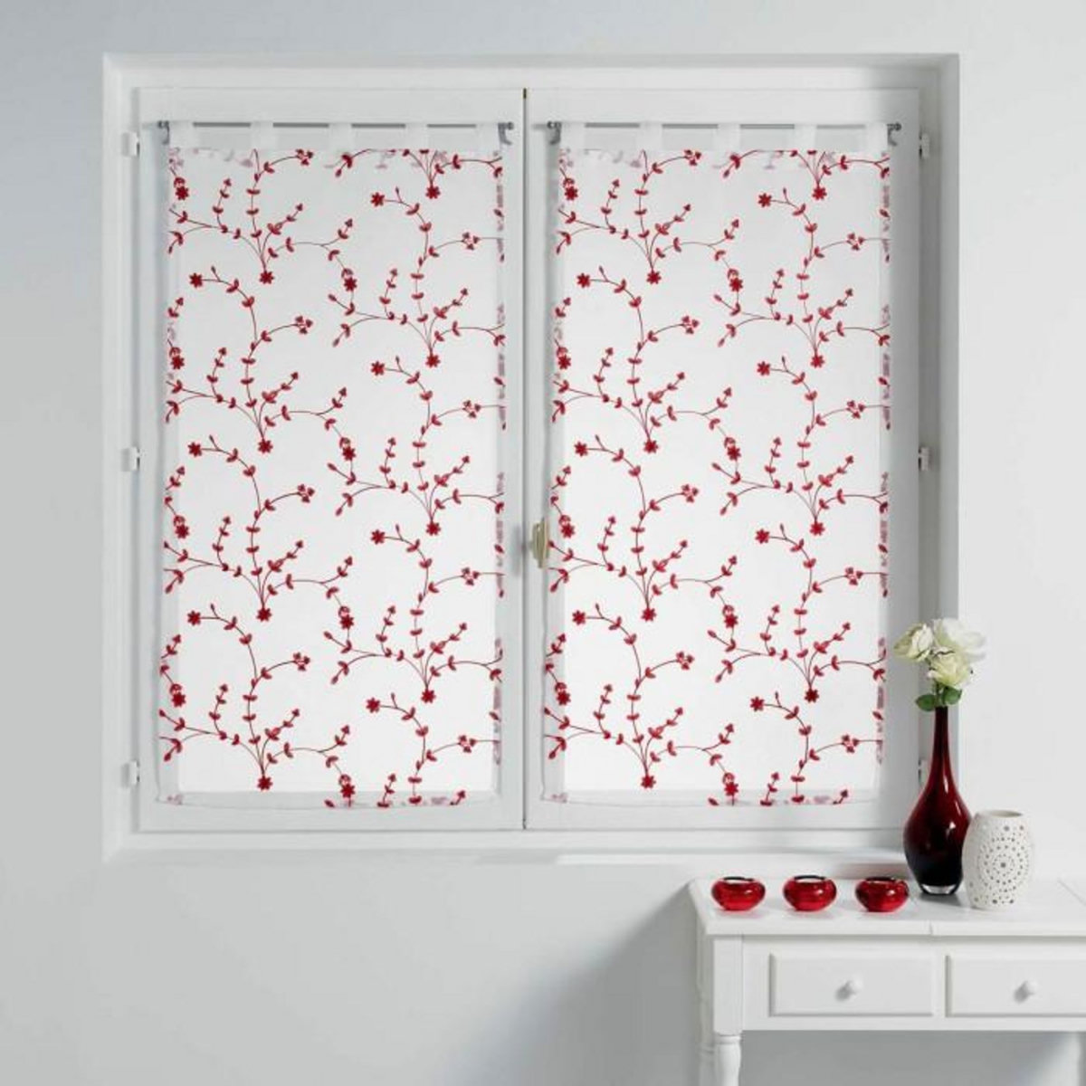 Paris Prix Paire de Voilages  Petite Fleur  60x160cm Blanc & Rouge