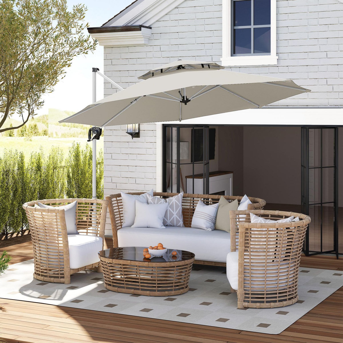 OUTSUNNY Parasol déporté octogonal inclinable rotatif dia. 3 x 2,5 m manivelle piètement croisé métal tissu gris clair