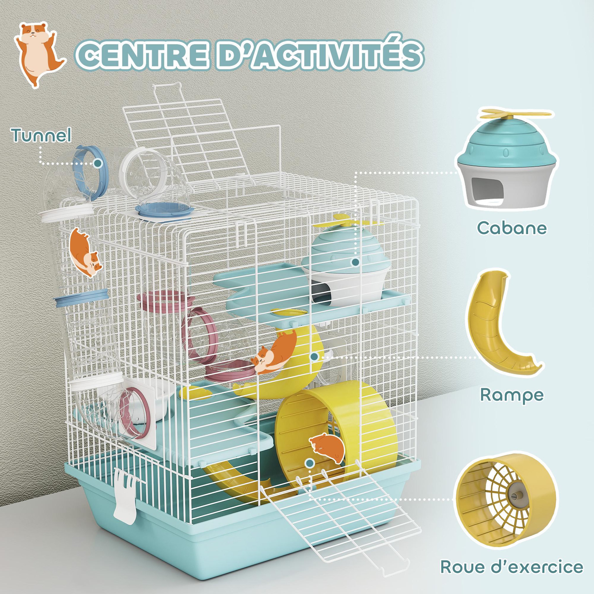 Voir la diapositive 5 : PAWHUT Cage rongeur hamster 3 niveaux cabane roue tunnel toboggan biberon mangeoire 34 x 27 x 41 cm blanc bleu