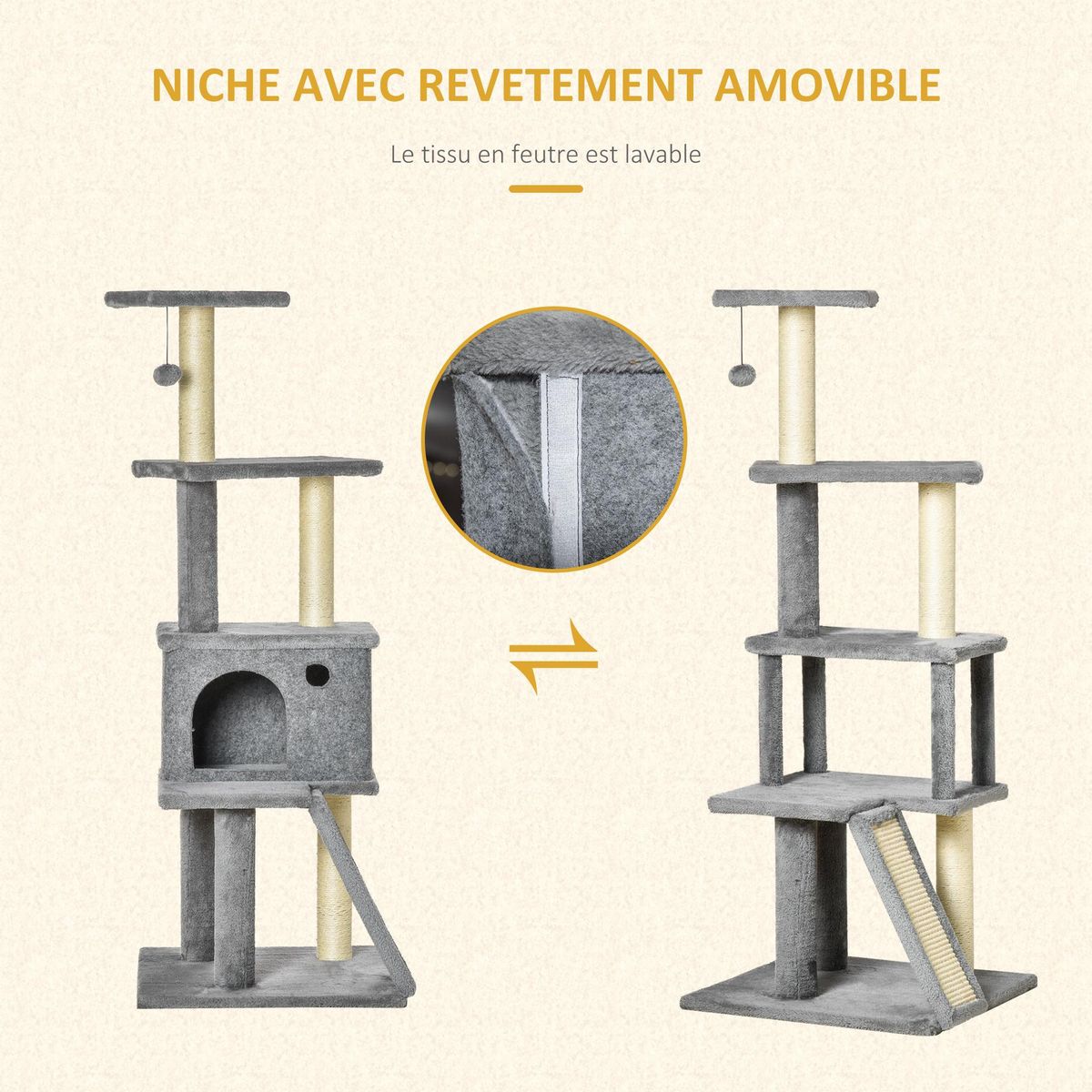 PAWHUT Arbre à chat centre d'activités multi-équipé griffoirs grattoir jeu boule suspendue niche housse amovible plateformes gris