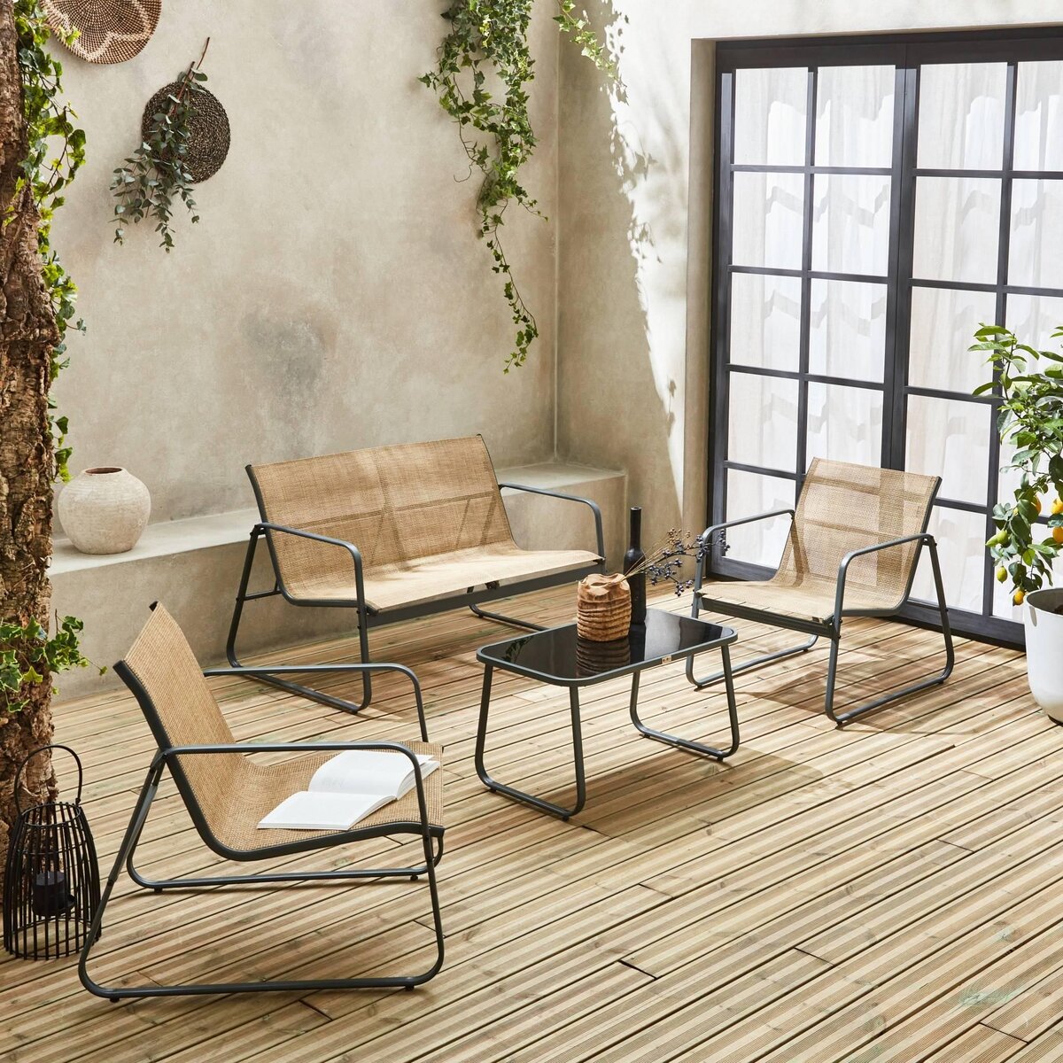 SWEEEK Salon de jardin en métal  et textilène pour 4 personnes, design