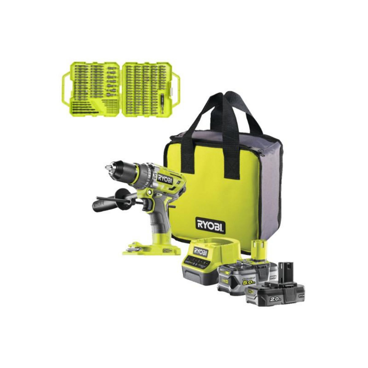 Ryobi Pack RYOBI Perceuse-visseuse percussion R18PD7-252S Brushless - 2 batteries 5.0 - 2.0Ah - Chargeur