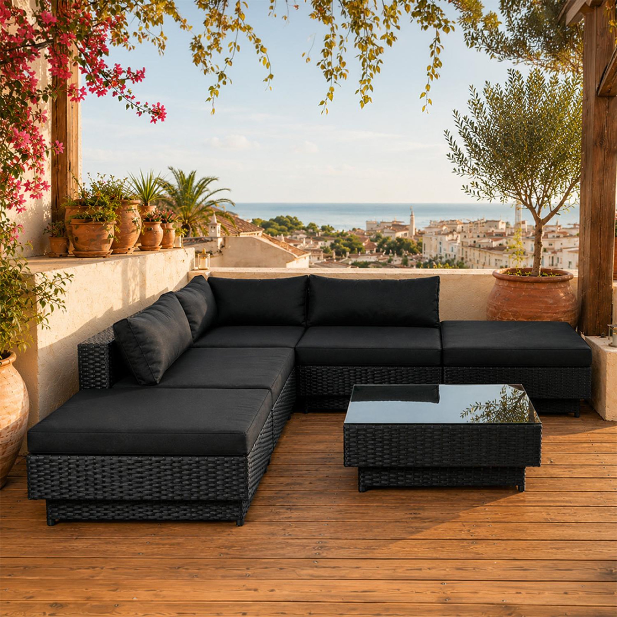Voir la diapositive 5 : CONCEPT USINE Salon de jardin 5 places modulable en résine tressée noir amorgos