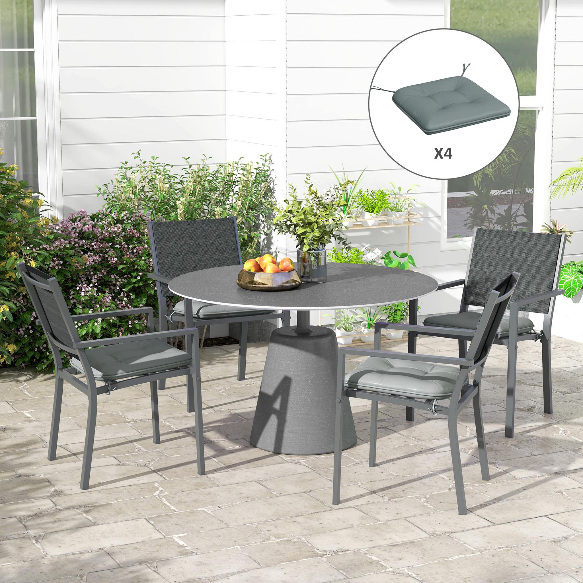 Voir la diapositive 2 : OUTSUNNY Lot de 4 coussins de chaises de jardin polyester gris