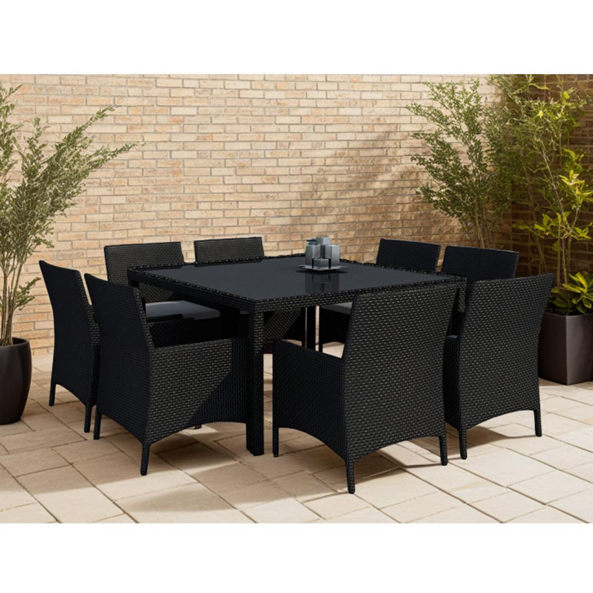 Voir la diapositive 1 : Paris Prix Ensemble repas de jardin en résine tressée  sunny  140cm noir & écru