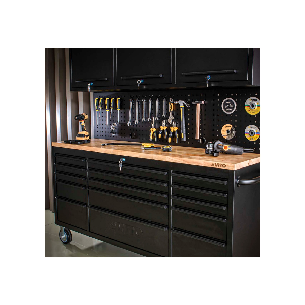VITO Etabli d'atelier sur roues Armoire 3 Portes 182 x 51 x 186 cm 15 tiroirs à frein - Plan de travail Bois Charge 500kg - VITO