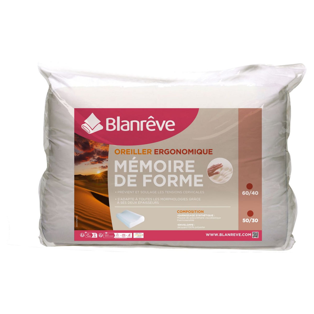 BLANREVE Oreiller mémoire de forme en polyester blanc