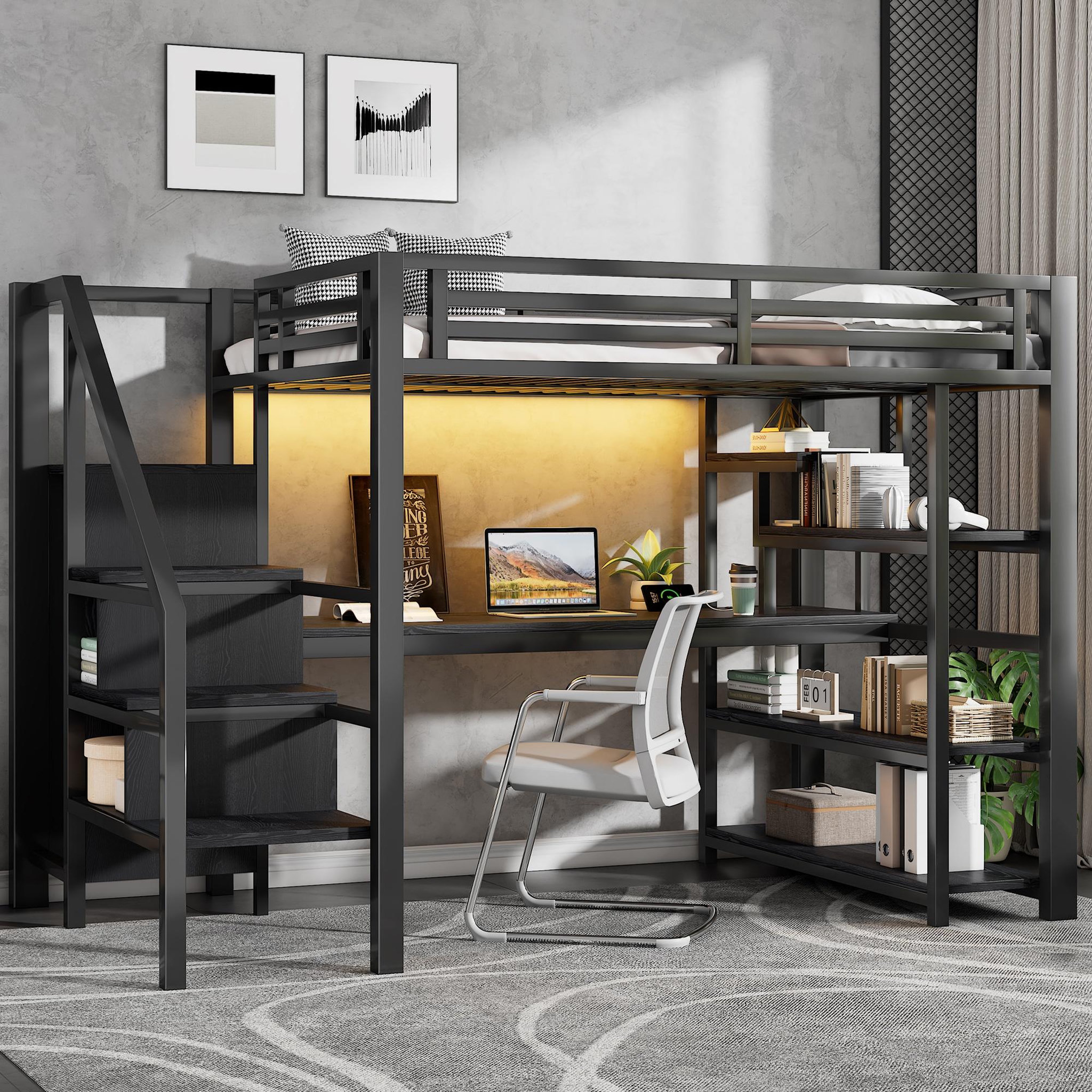 Voir la diapositive 5 : MERAX Lit mezzanine 140x200 cm coloris noir led métal