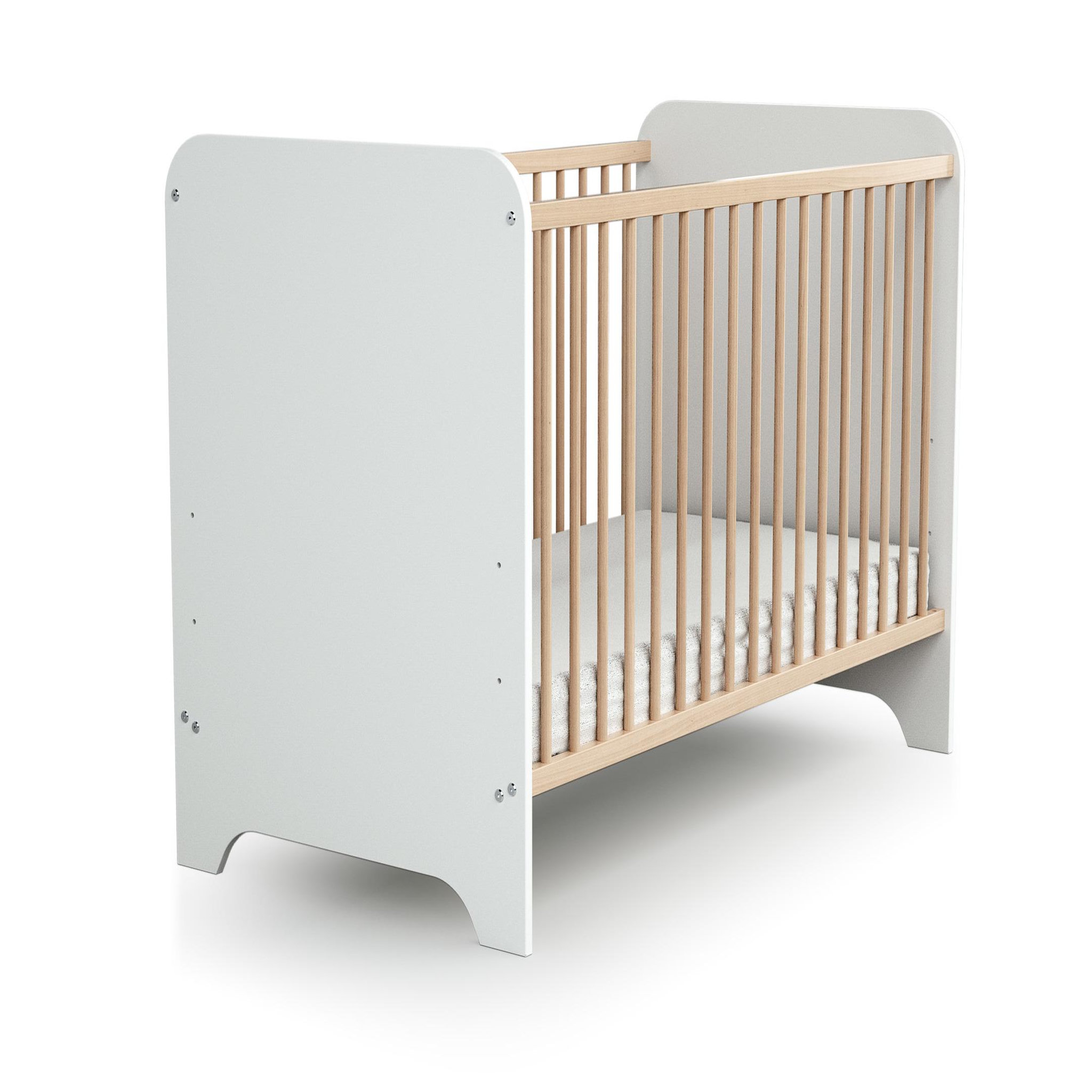 Voir la diapositive 3 : AT4 Chambre bébé lit, commode à langer et armoire blanc et hêtre verni