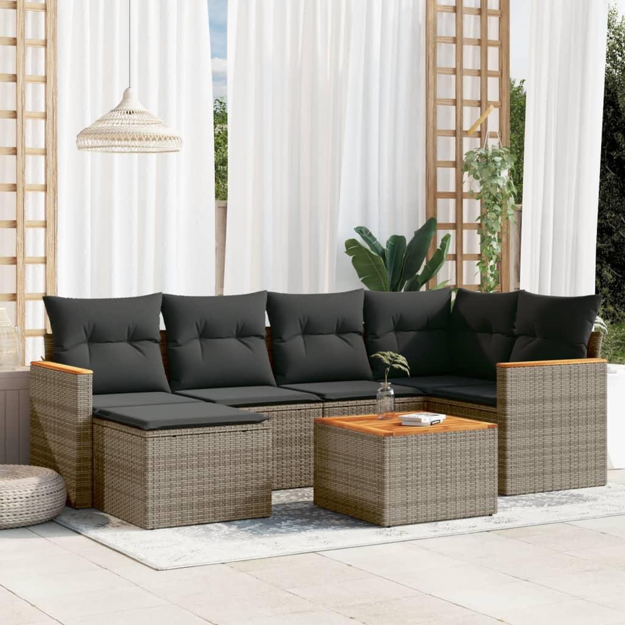 VIDAXL Salon de jardin avec coussins 7 pcs gris resine tressee