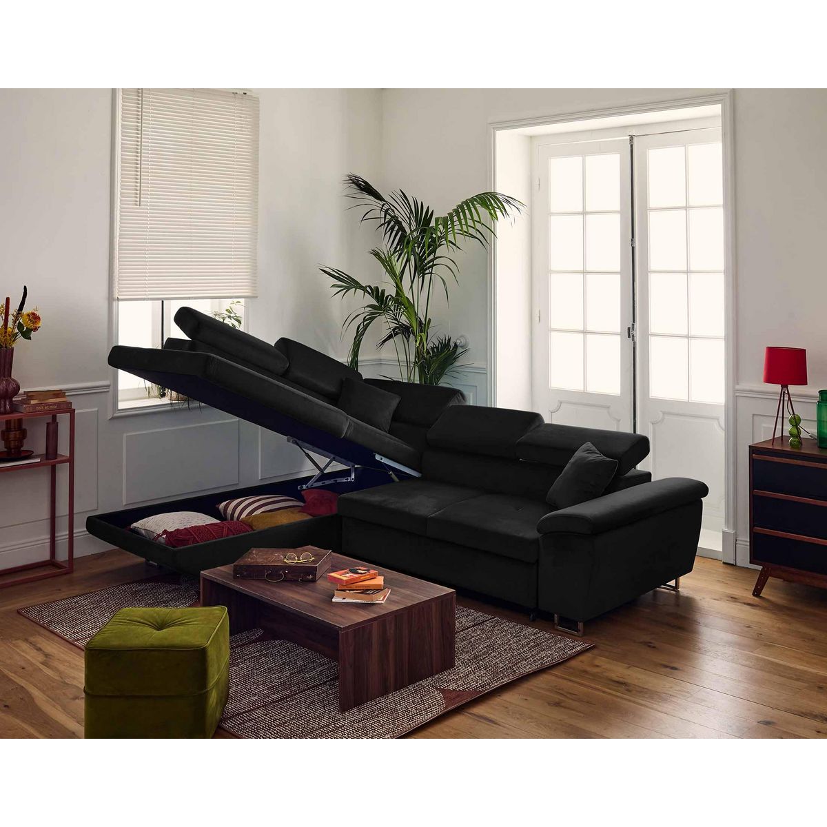 BEST MOBILIER Dimas - canapé d'angle gauche 5 places - convertible avec coffre et têtières réglables - en velours