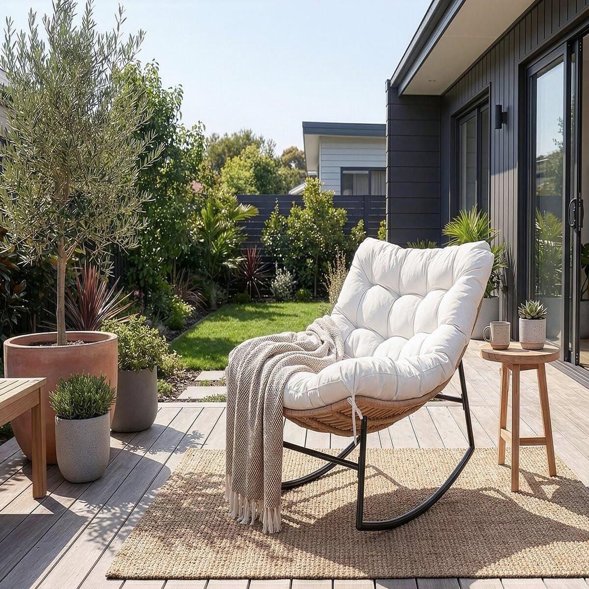Voir la diapositive 2 : Habitat et Jardin Fauteuil à bascule papasan avec coussin intérieur/extérieur  papaya  - beige