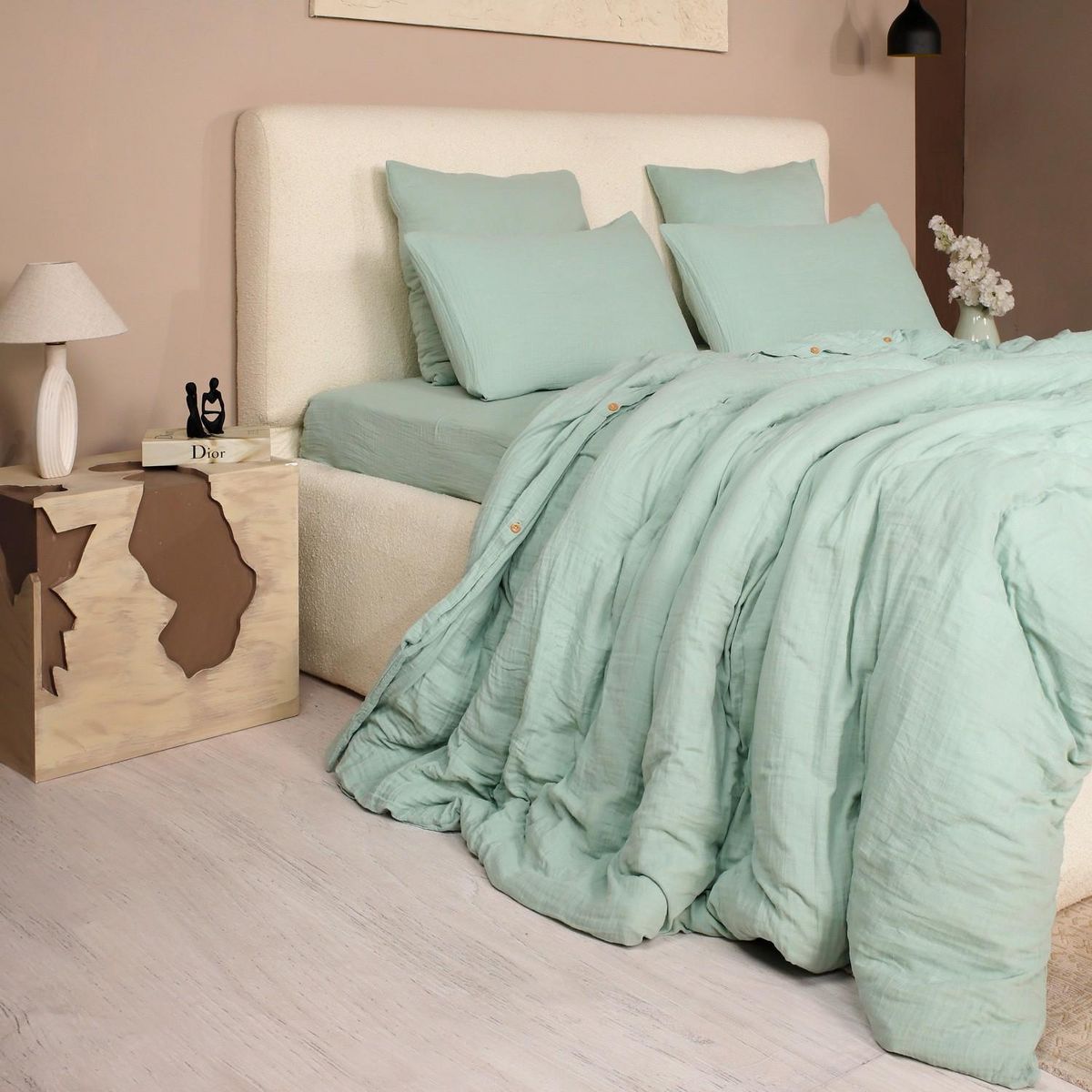 Les Ateliers du Linge Parure De Couette 3 Pcs 240x220 100% Gaze De Coton Lavé Vert Givrée