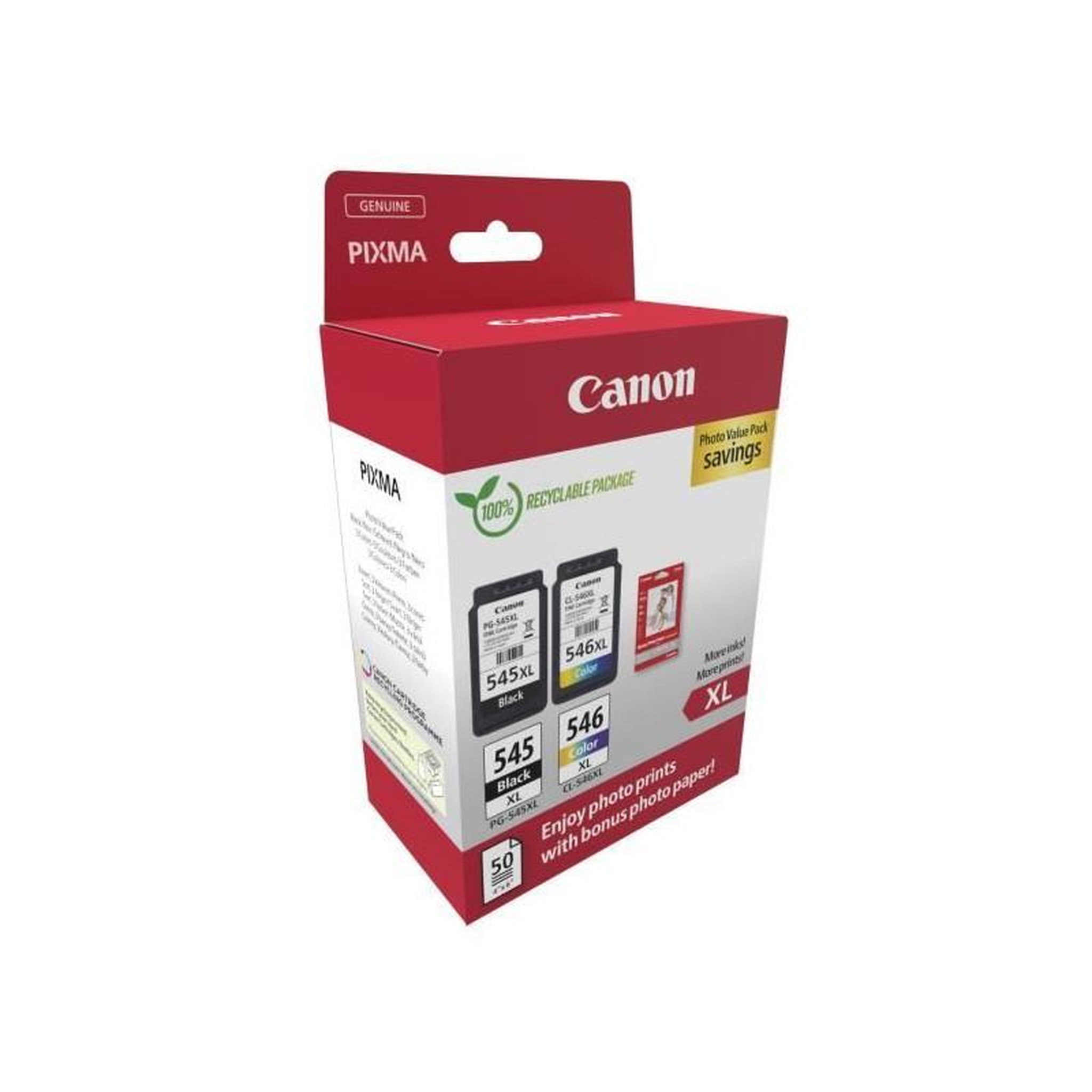 Voir la diapositive 2 : Canon Pack de 2 cartouches d'encre + pack papiers photo - CANON - PG-545XL Noir + CL-546XL Couleur - Haut rendement