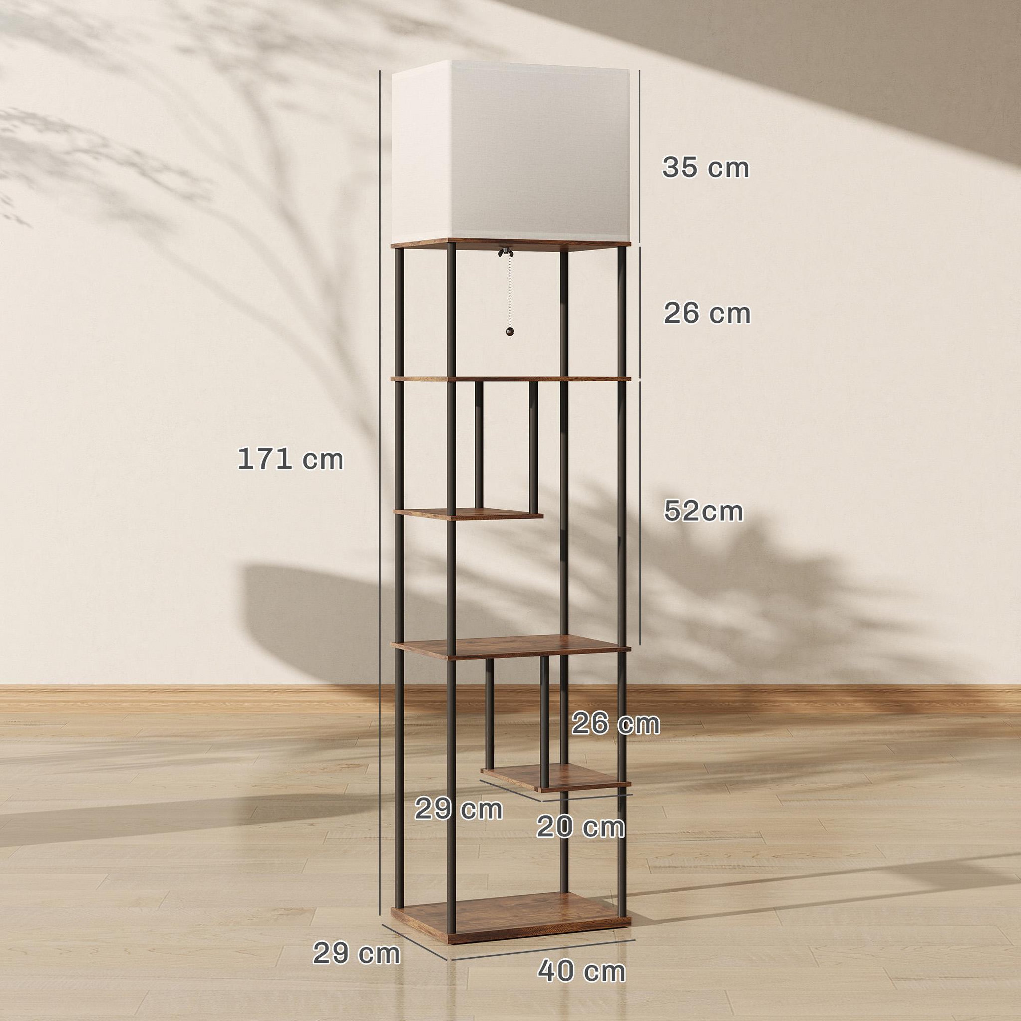 Voir la diapositive 3 : HOMCOM Lampadaire étagère LED design industriel - 5 niveaux de rangement H.171cm - métal noir aspect bois
