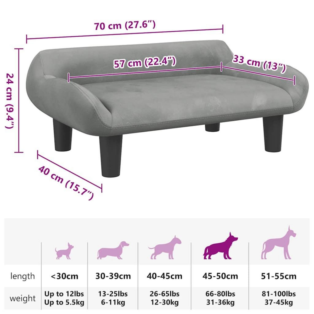 VIDAXL Lit pour chien gris clair 70x40x24 cm velours