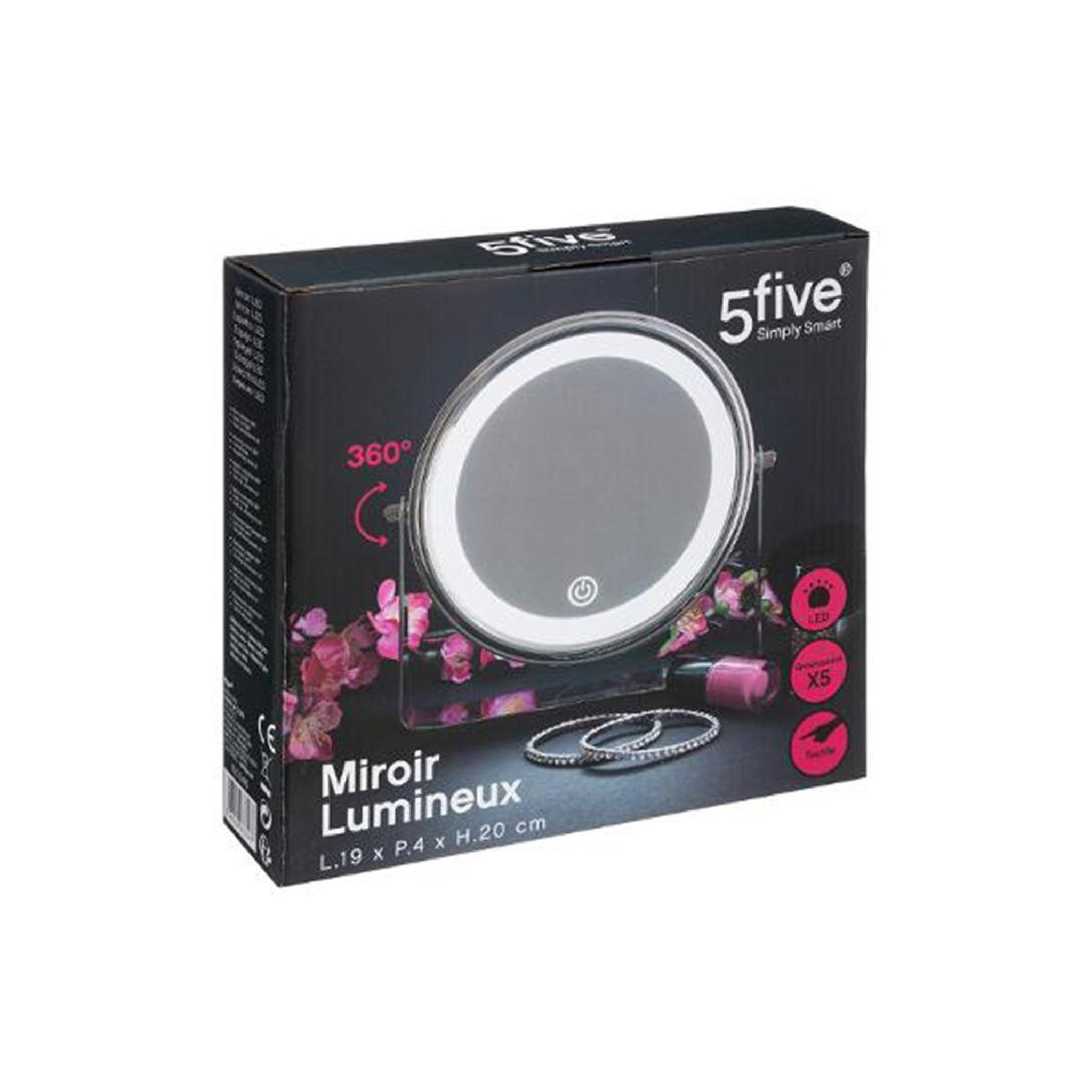 Voir la diapositive 2 : FIVE Miroir sur pied pivotant tactile  led  20cm argent